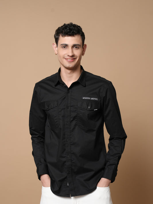 Men’s Black Solid Utility Casual Shirt with Dual Pockets