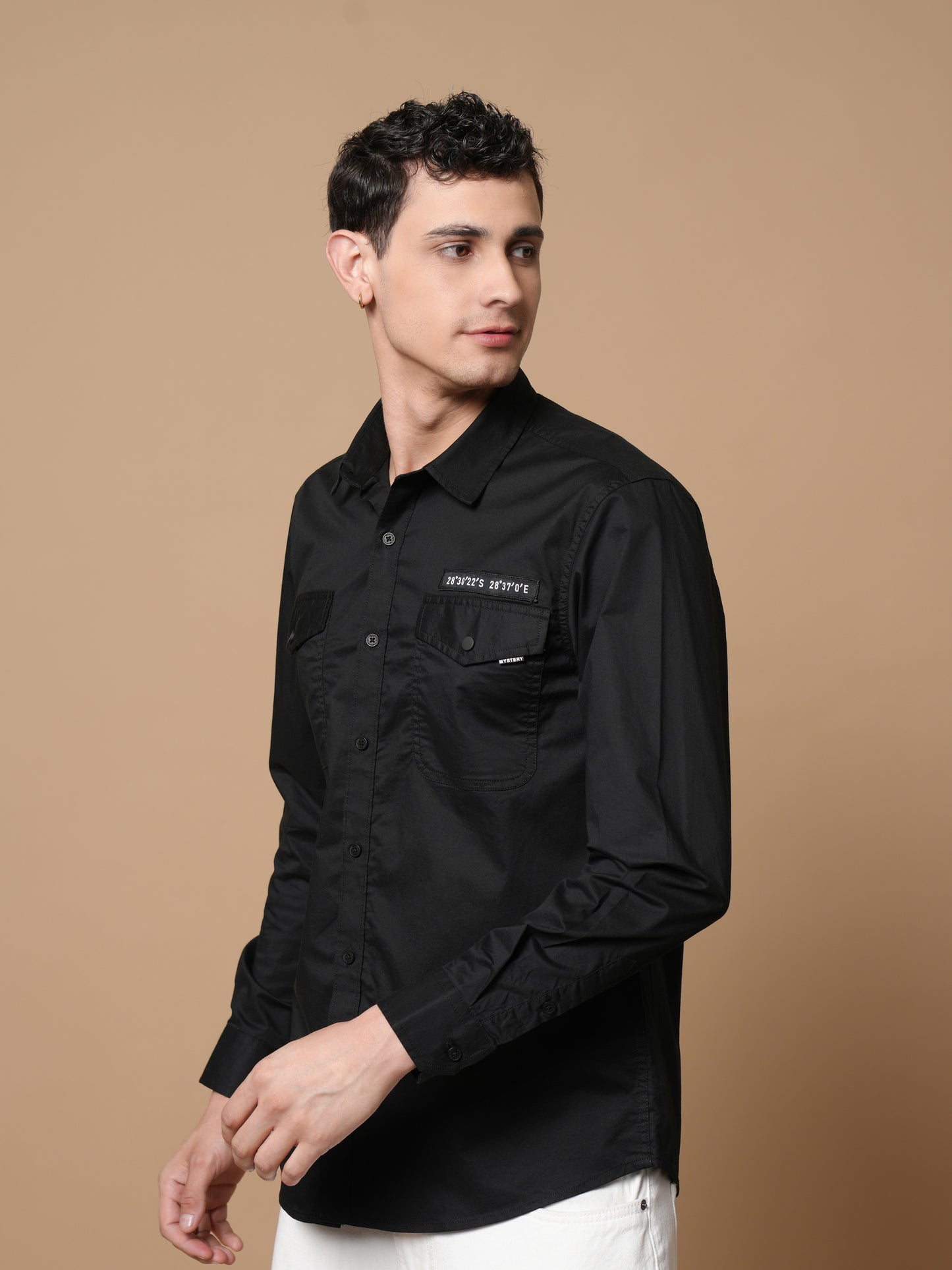 Men’s Black Solid Utility Casual Shirt with Dual Pockets