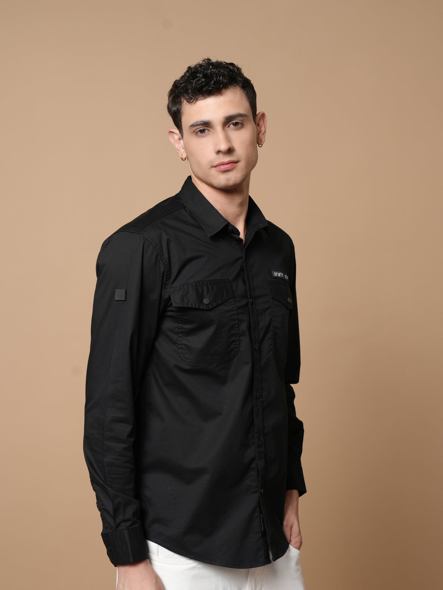 Men’s Black Solid Utility Casual Shirt with Dual Pockets