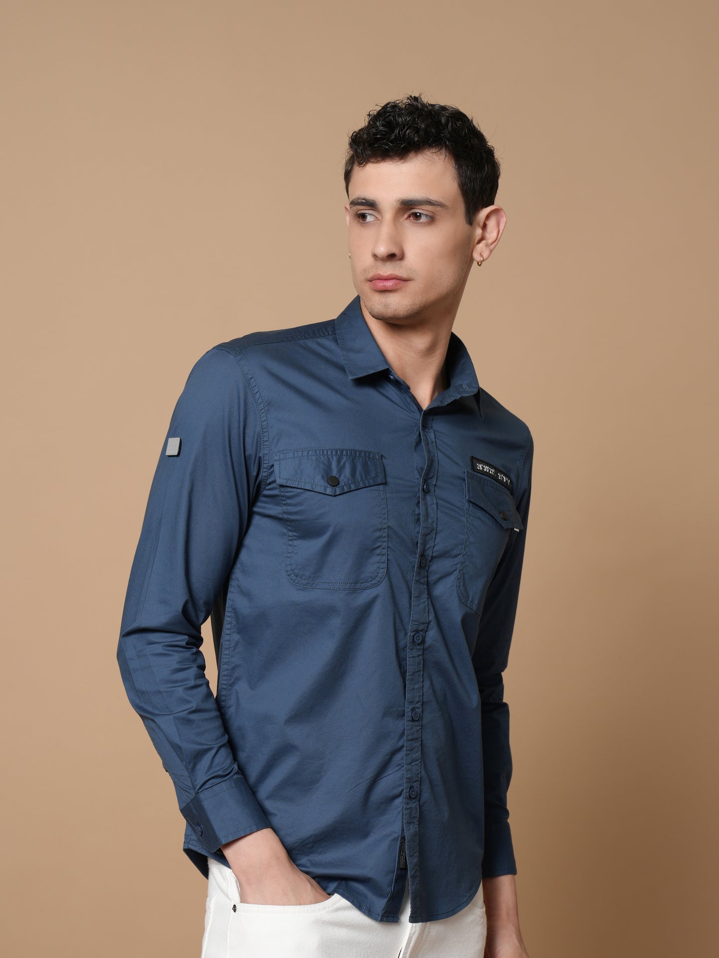 Men’s Peacock Solid Utility Casual Shirt with Dual Pockets