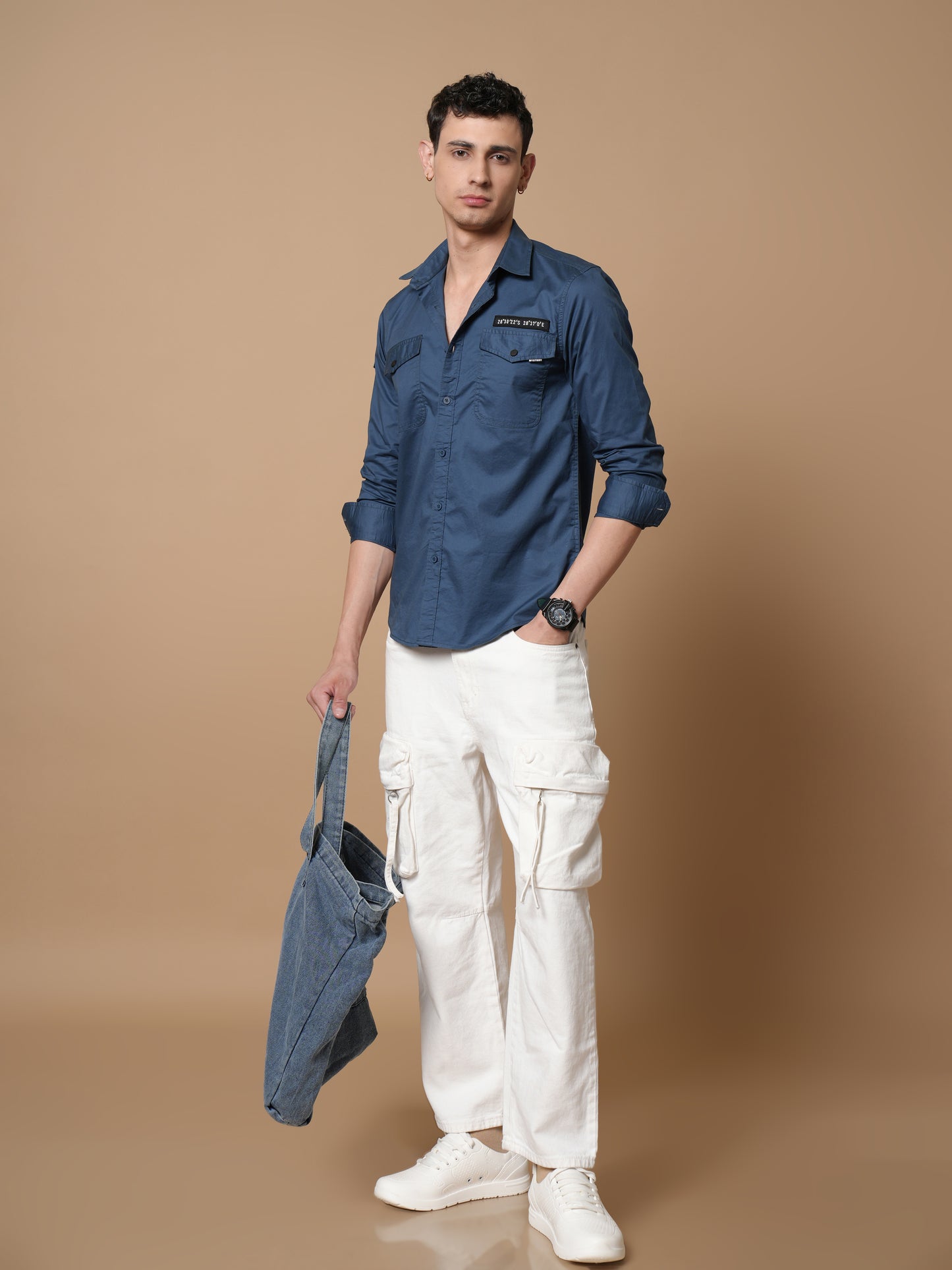 Men’s Peacock Solid Utility Casual Shirt with Dual Pockets