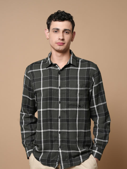Men’s Bottle Green Casual Checked Shirt