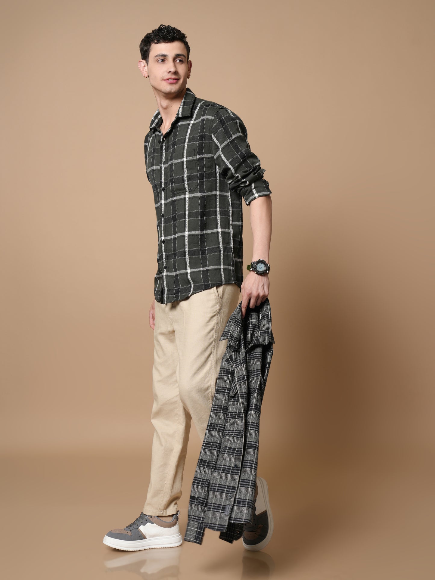 Men’s Bottle Green Casual Checked Shirt