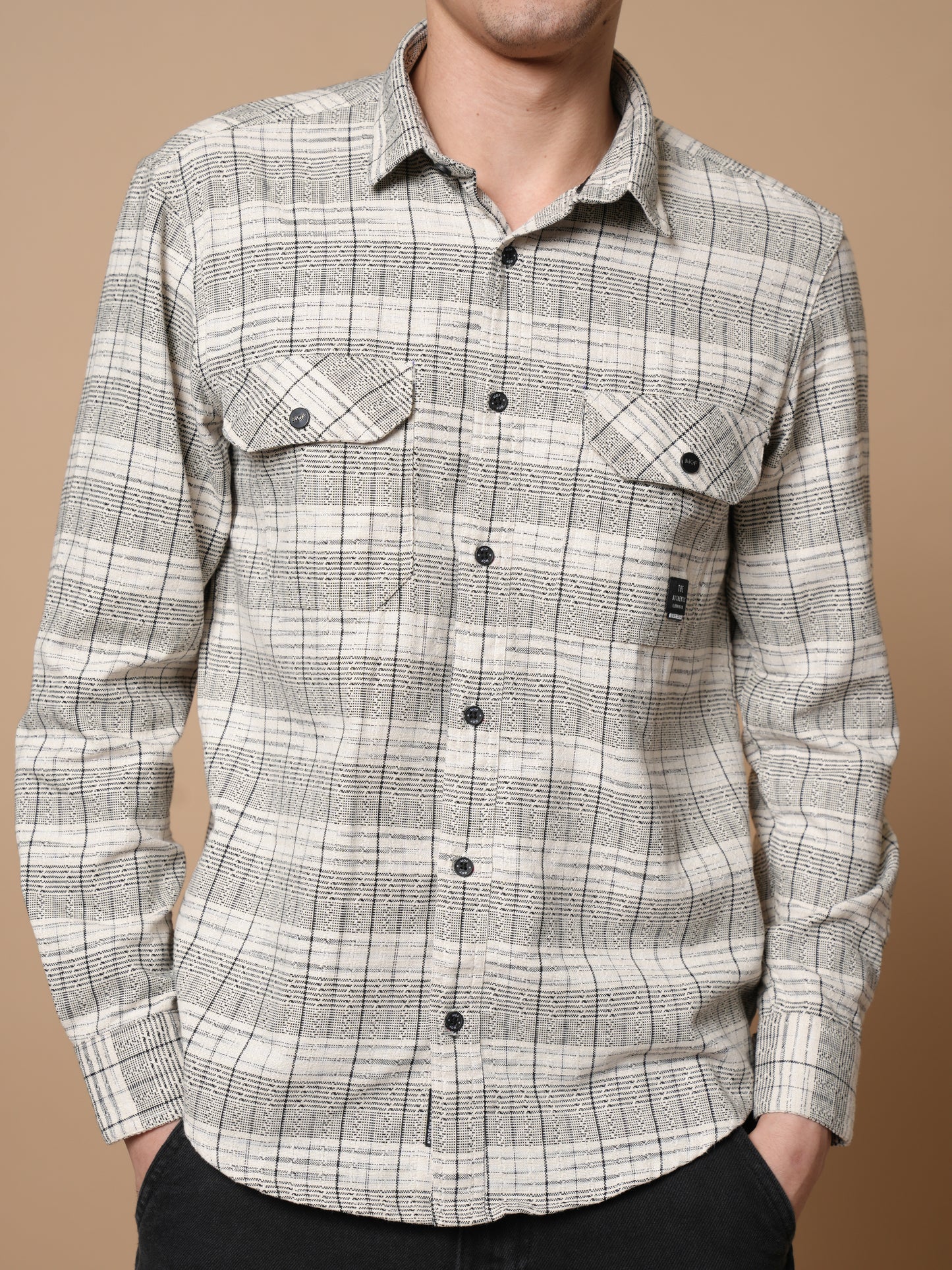Men’s Cream Checked Casual Shirt With Dual Pockets