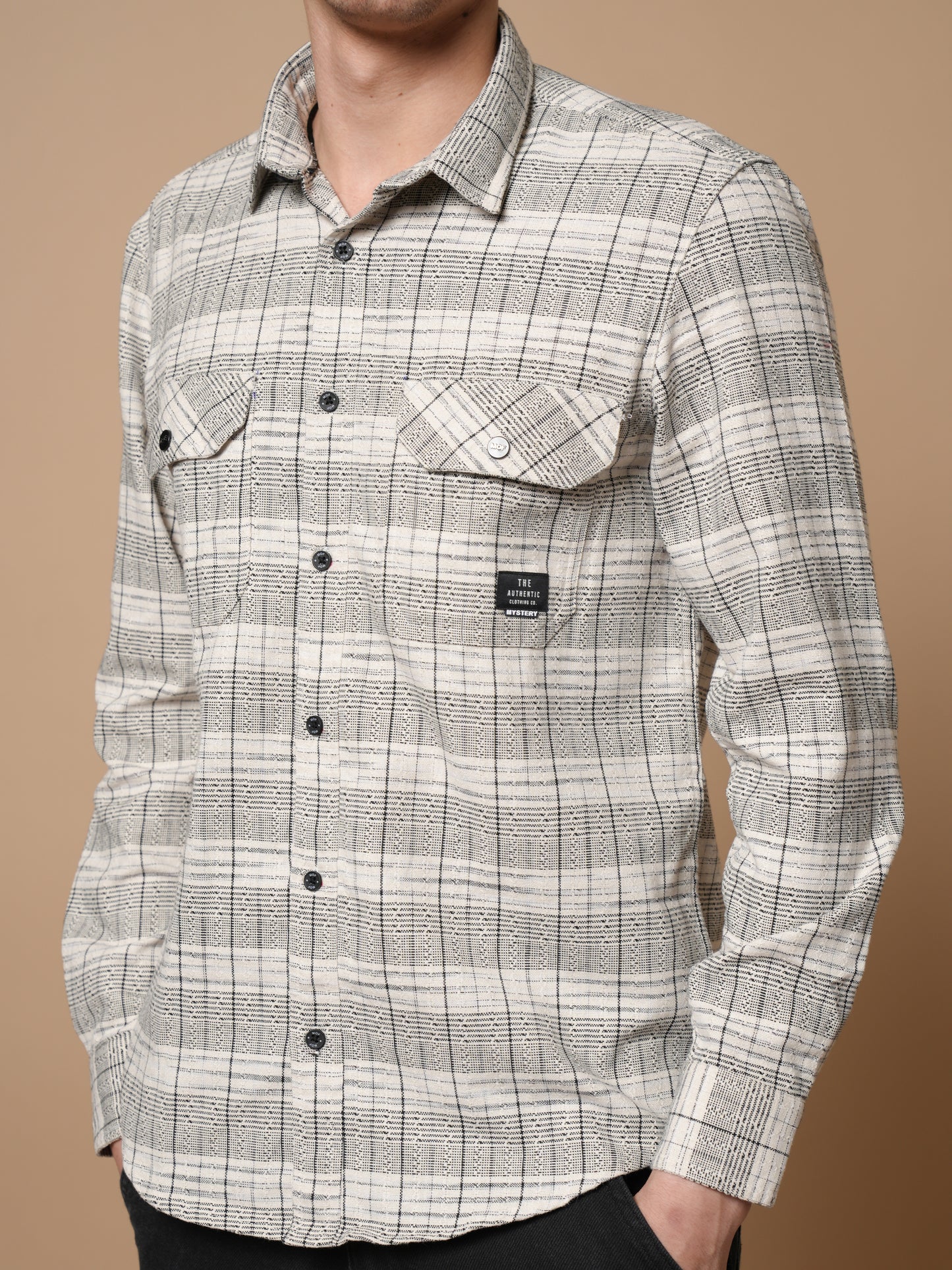 Men’s Cream Checked Casual Shirt With Dual Pockets