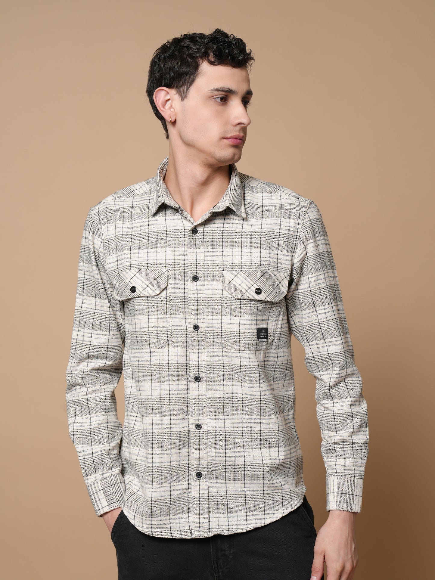 Men’s Cream Checked Casual Shirt With Dual Pockets