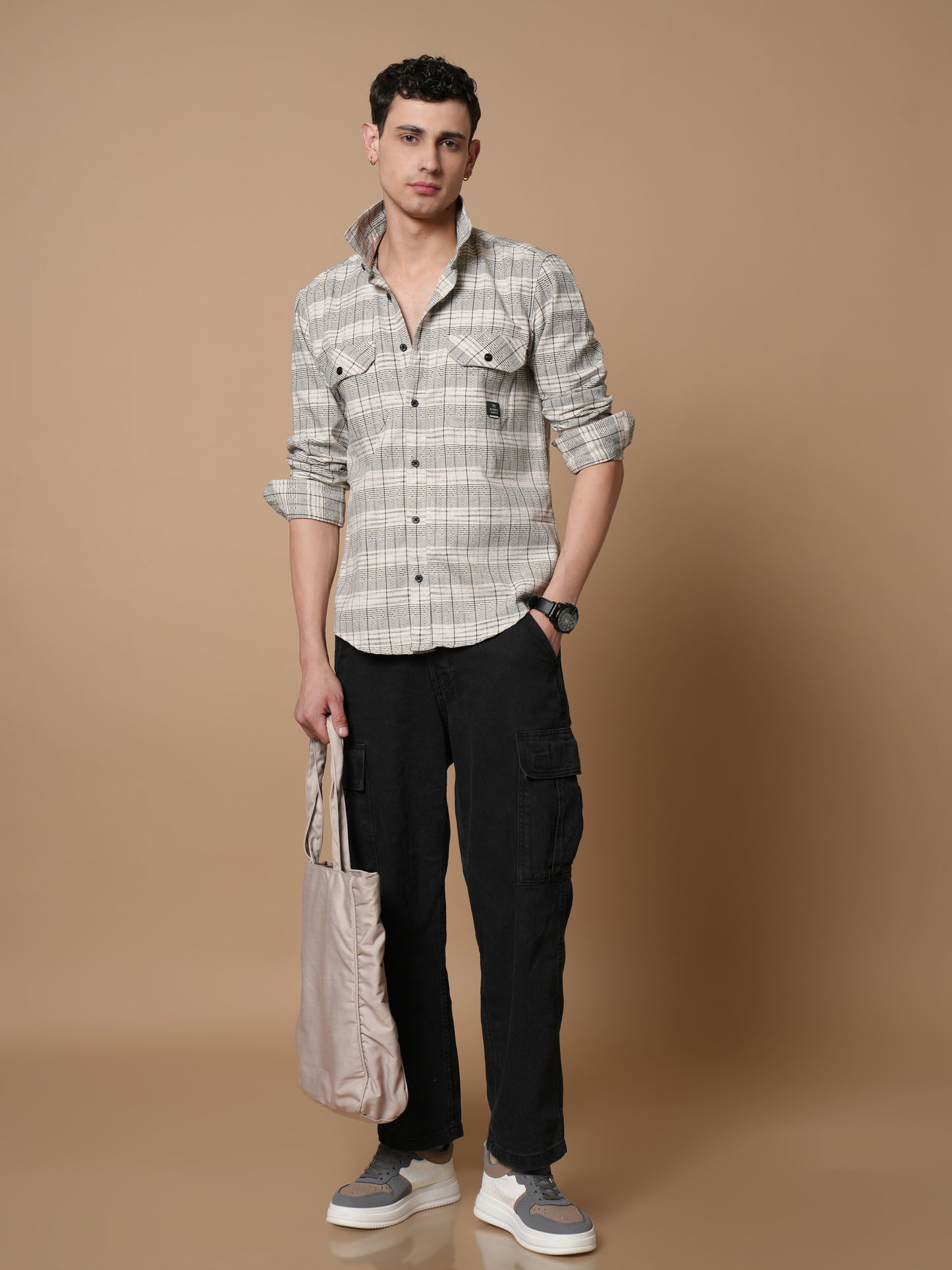 Men’s Cream Checked Casual Shirt With Dual Pockets