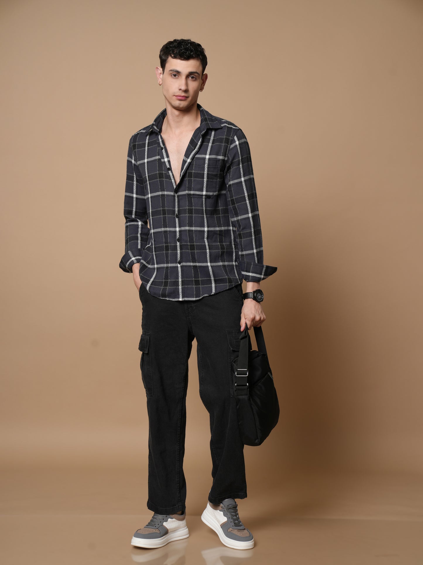 Men’s Grey Casual Checked Shirt