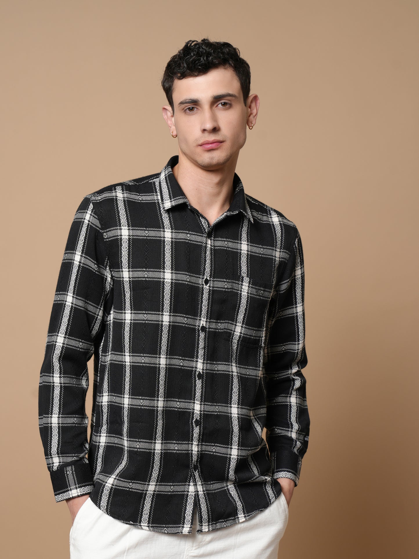 Men’s Black Checkered Cotton Casual Shirt