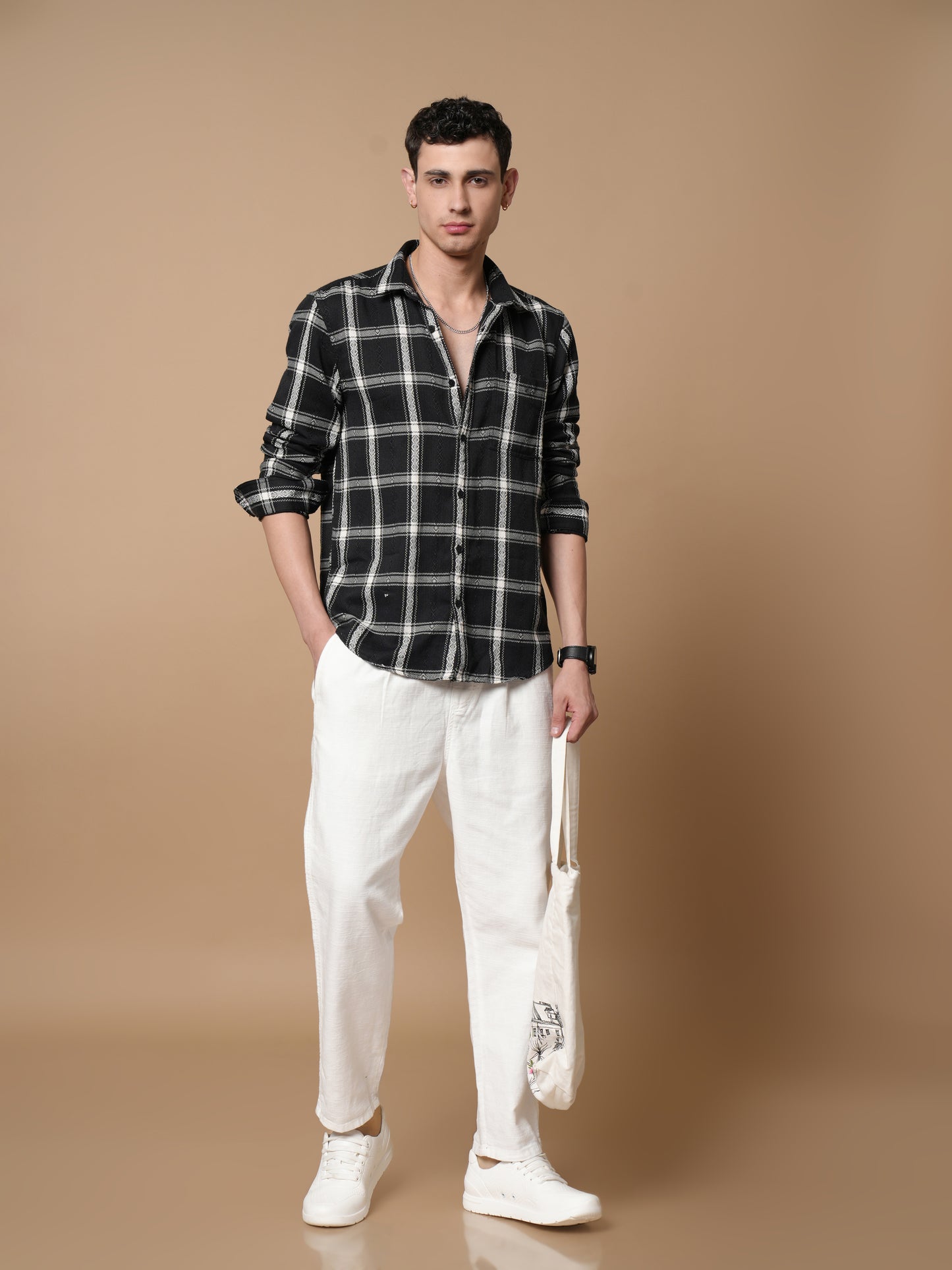 Men’s Black Checkered Cotton Casual Shirt