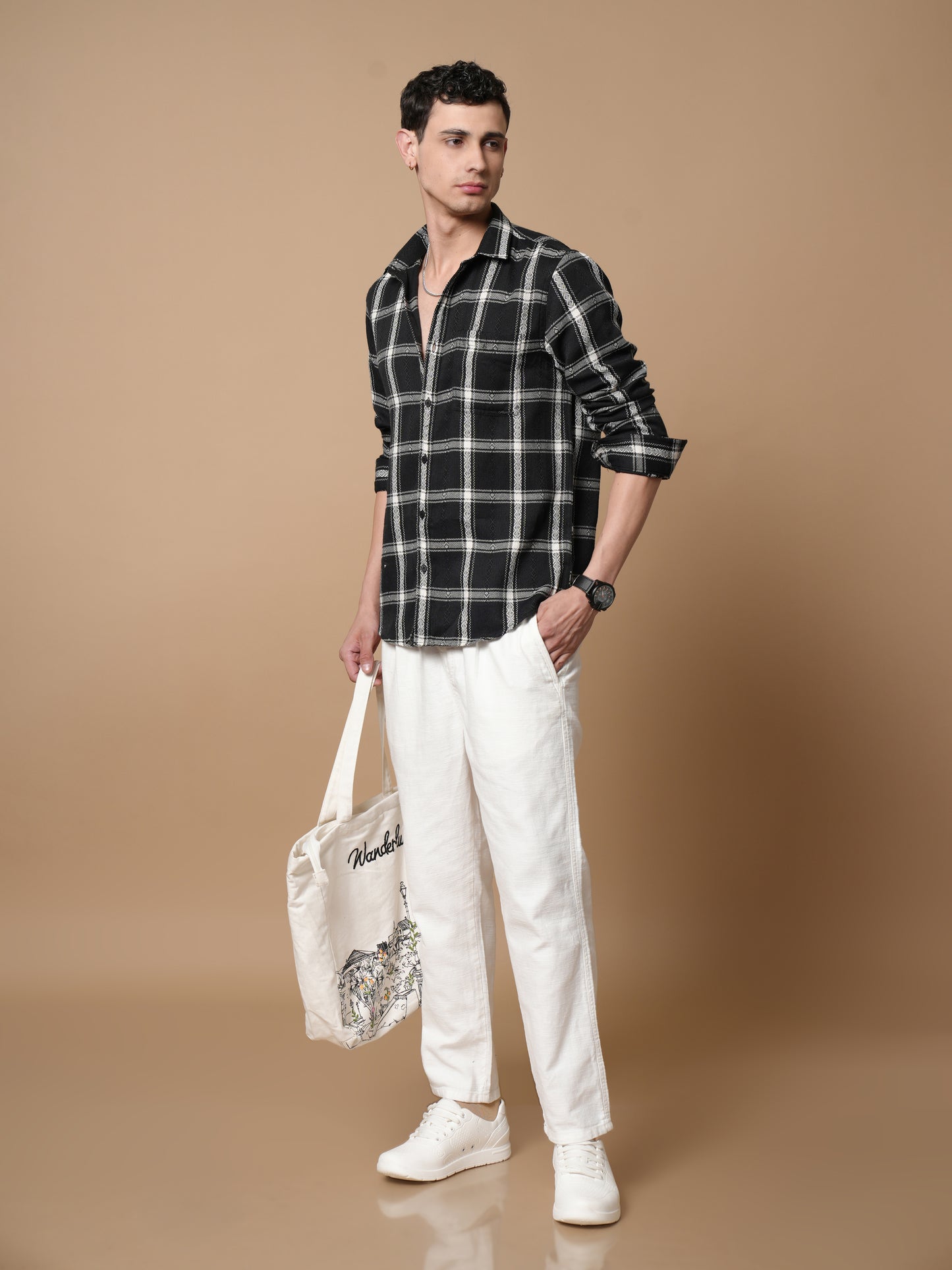 Men’s Black Checkered Cotton Casual Shirt
