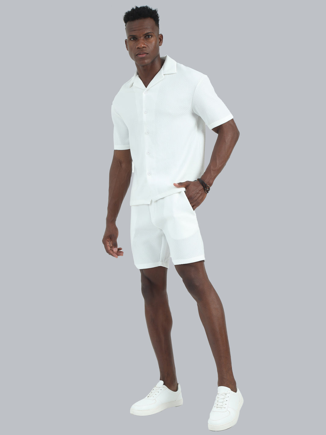 Men's White Solid Cotton Co-Ords Set