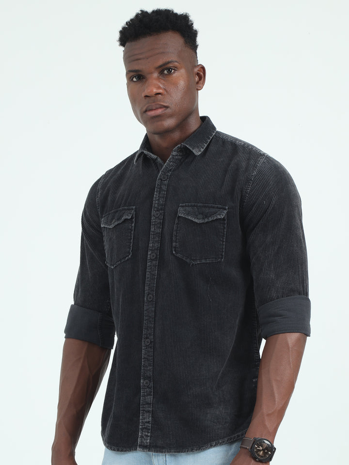  Solid Black Corduroy Shirt For Men