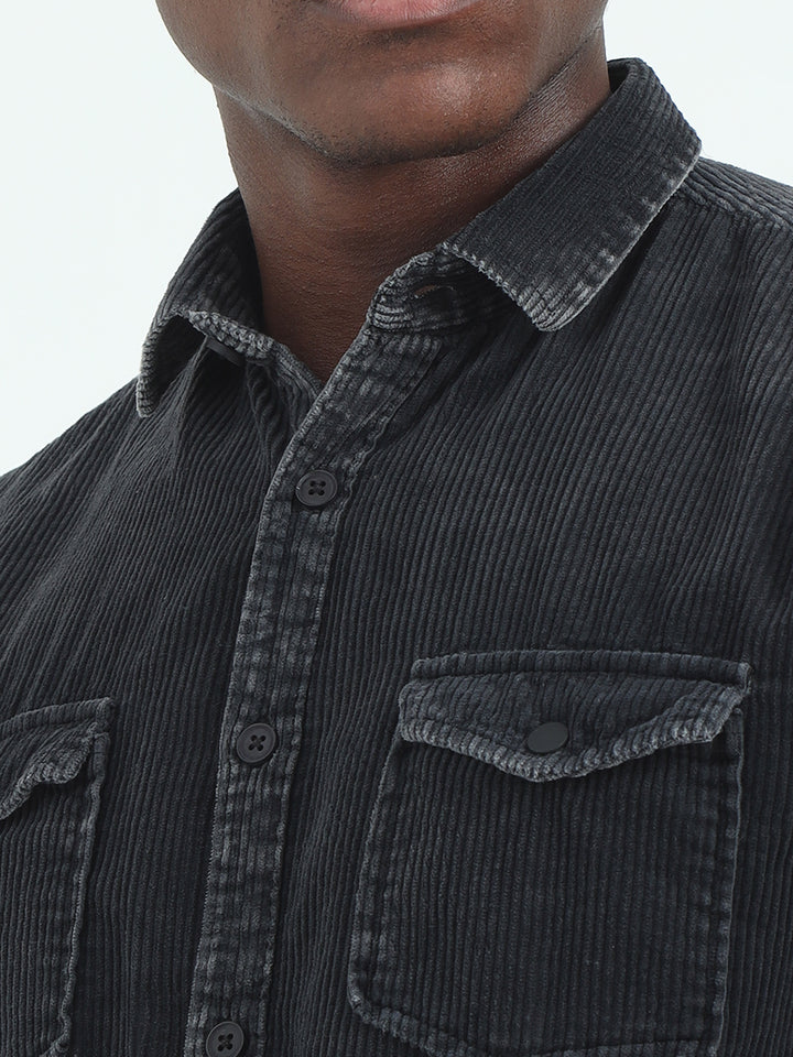 Solid Black Corduroy Shirt For Men