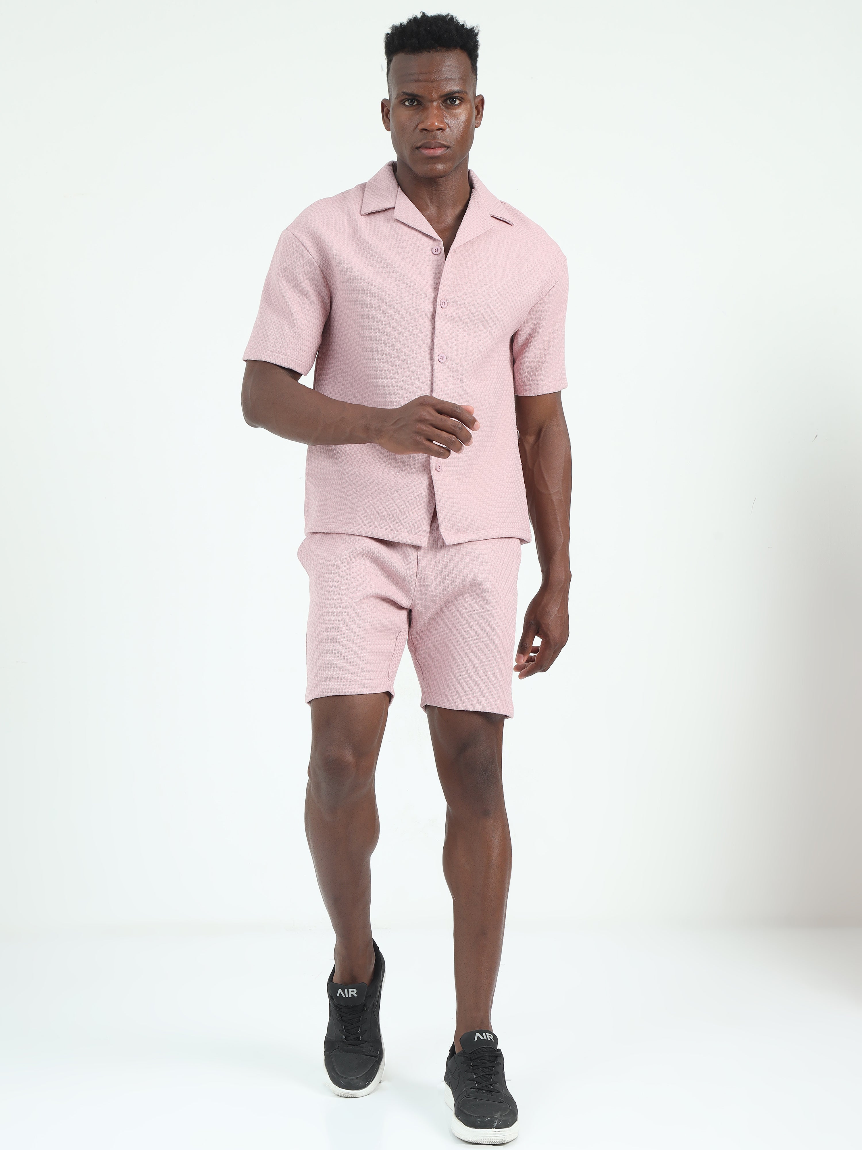 Men's Pink Cuban Collar Solid Co-Ords Set