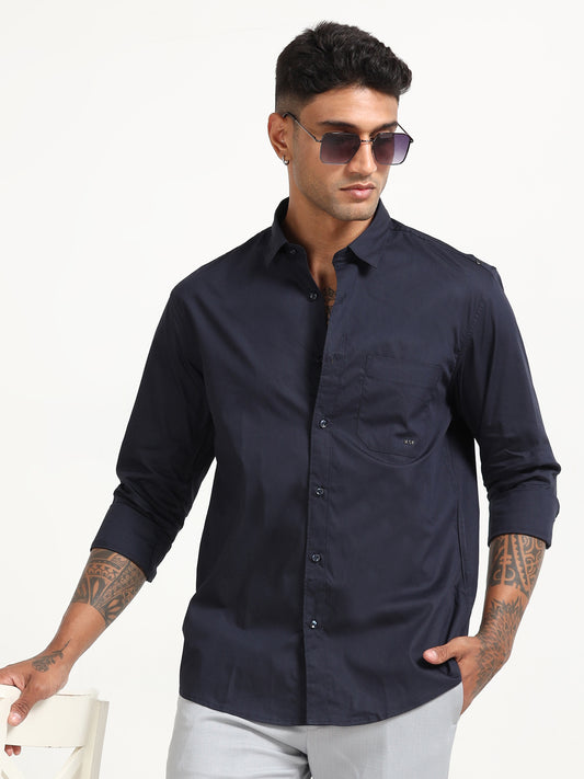 Navy Poly Poplin Lycra Shirts for Men