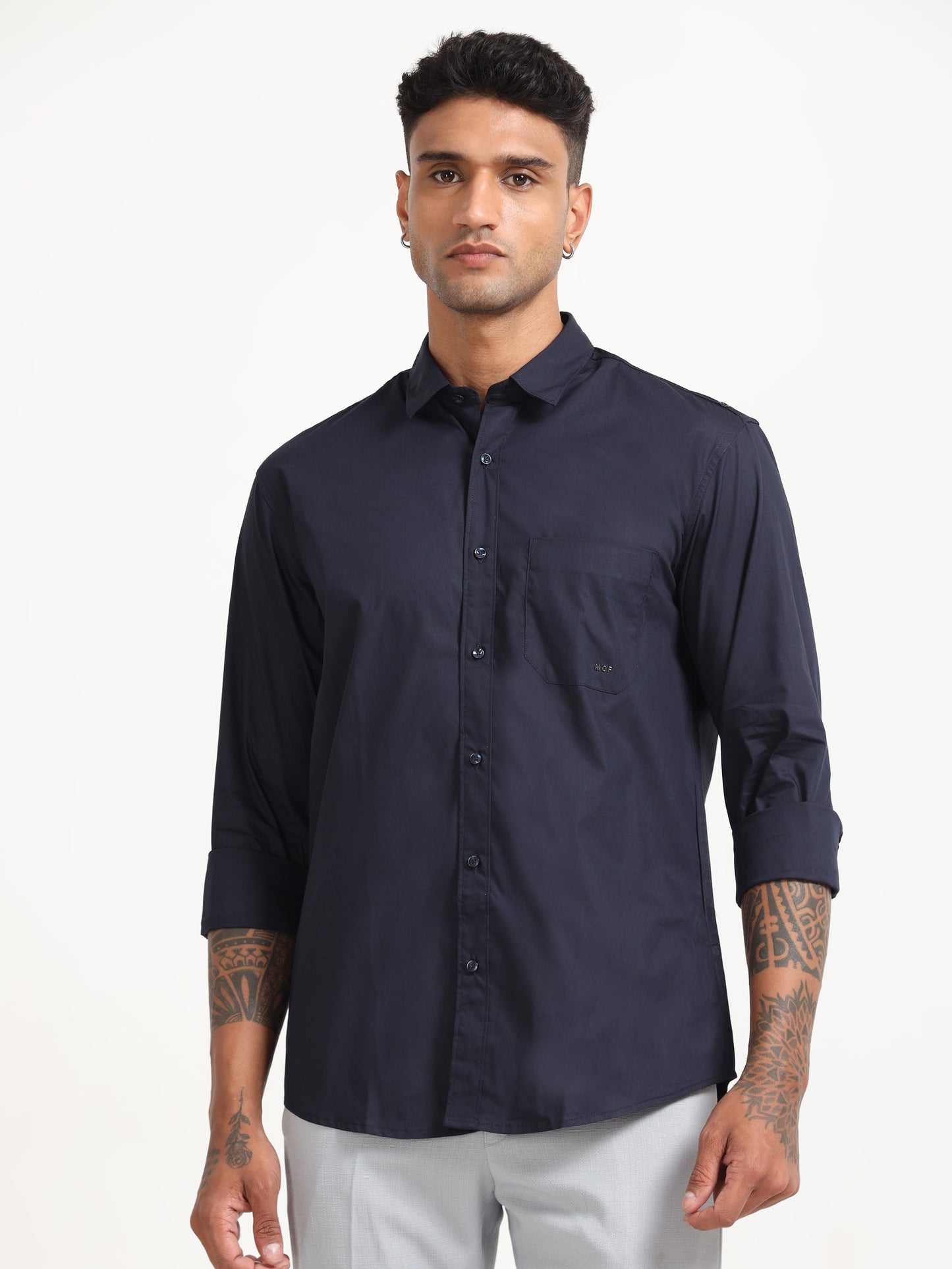 Navy Poly Poplin Lycra Shirts for Men