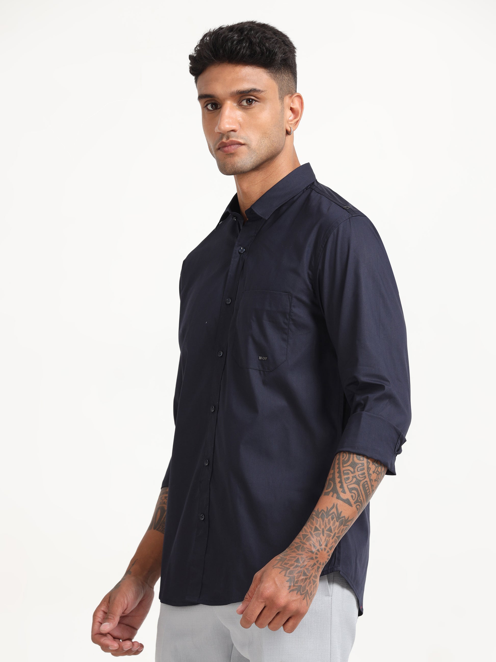 Navy Poly Poplin Lycra Shirts for Men