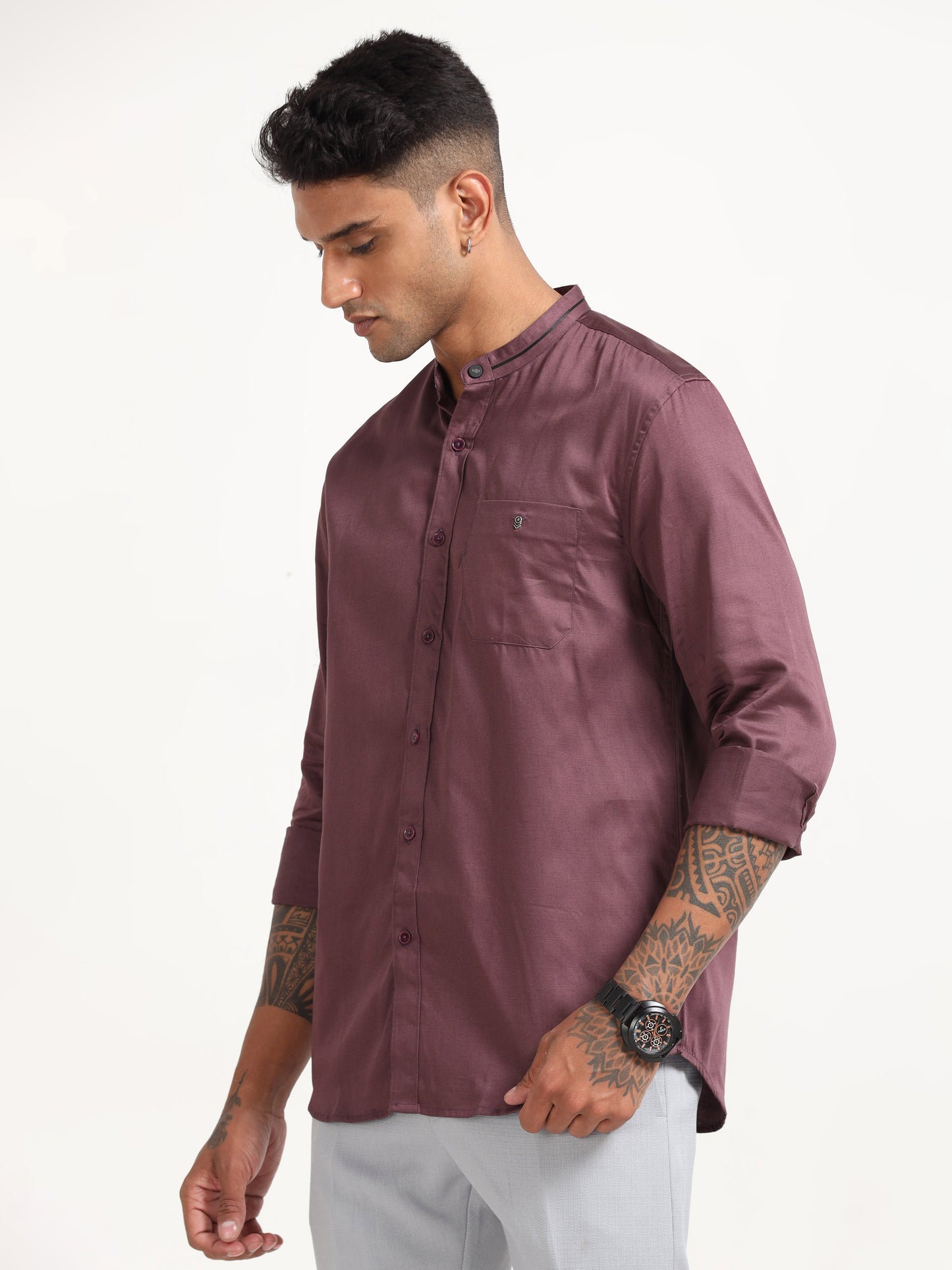 Mud Wine Satin Slub Solid Shirts