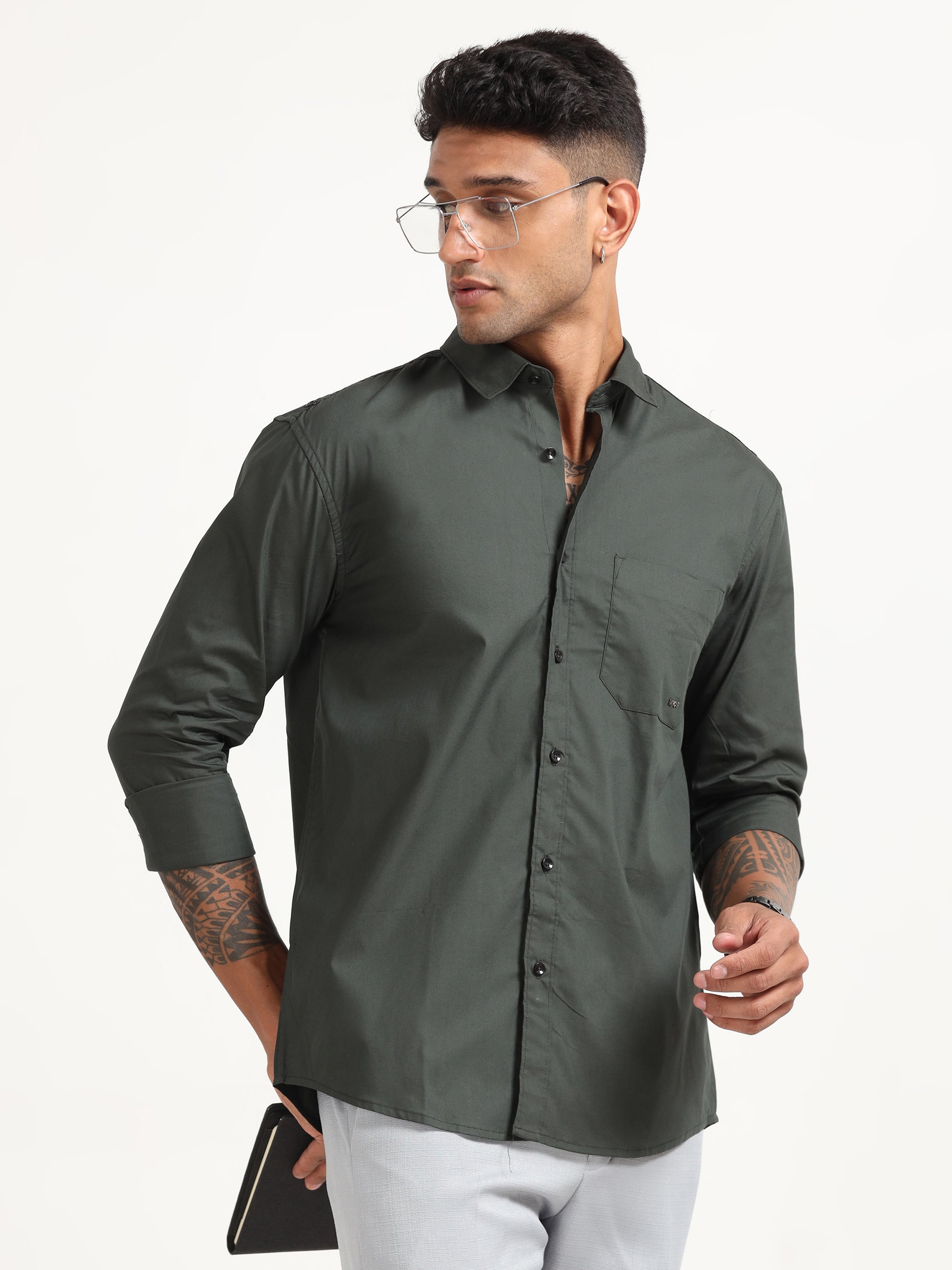 Olive Poly Poplin Lycra Shirts for Men