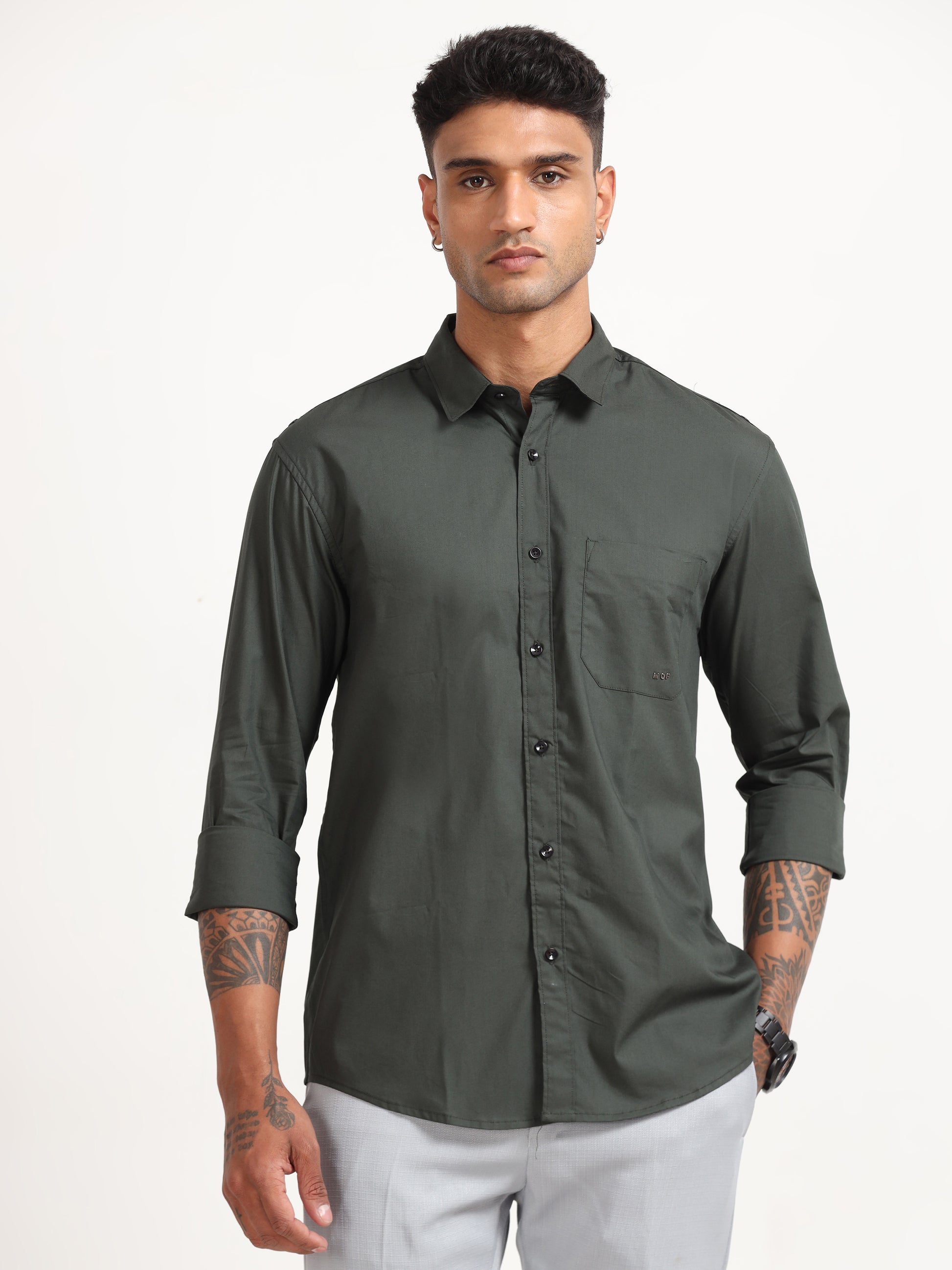 Olive Poly Poplin Lycra Shirts for Men