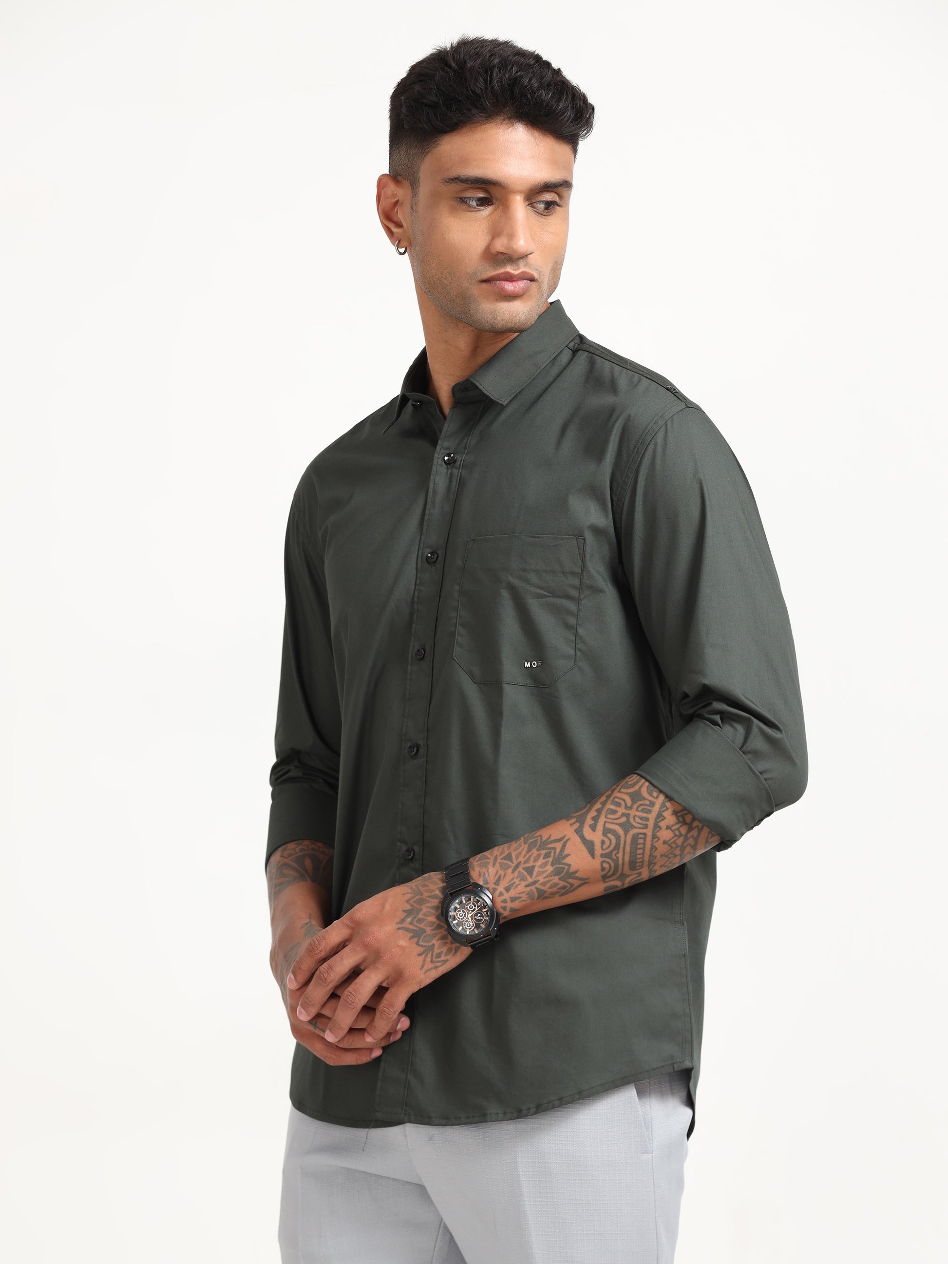 Olive Poly Poplin Lycra Shirts for Men