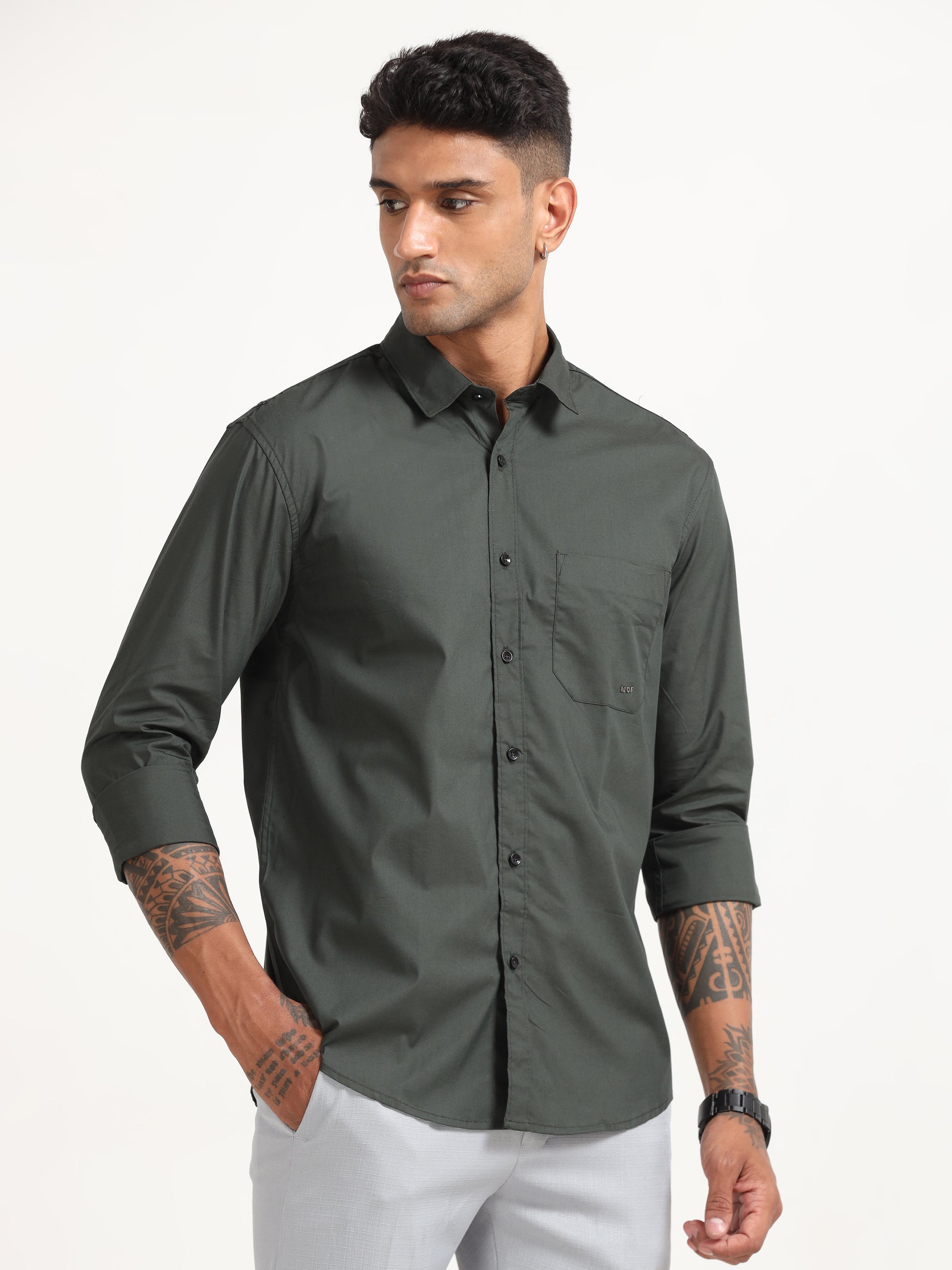 Olive Poly Poplin Lycra Shirts for Men