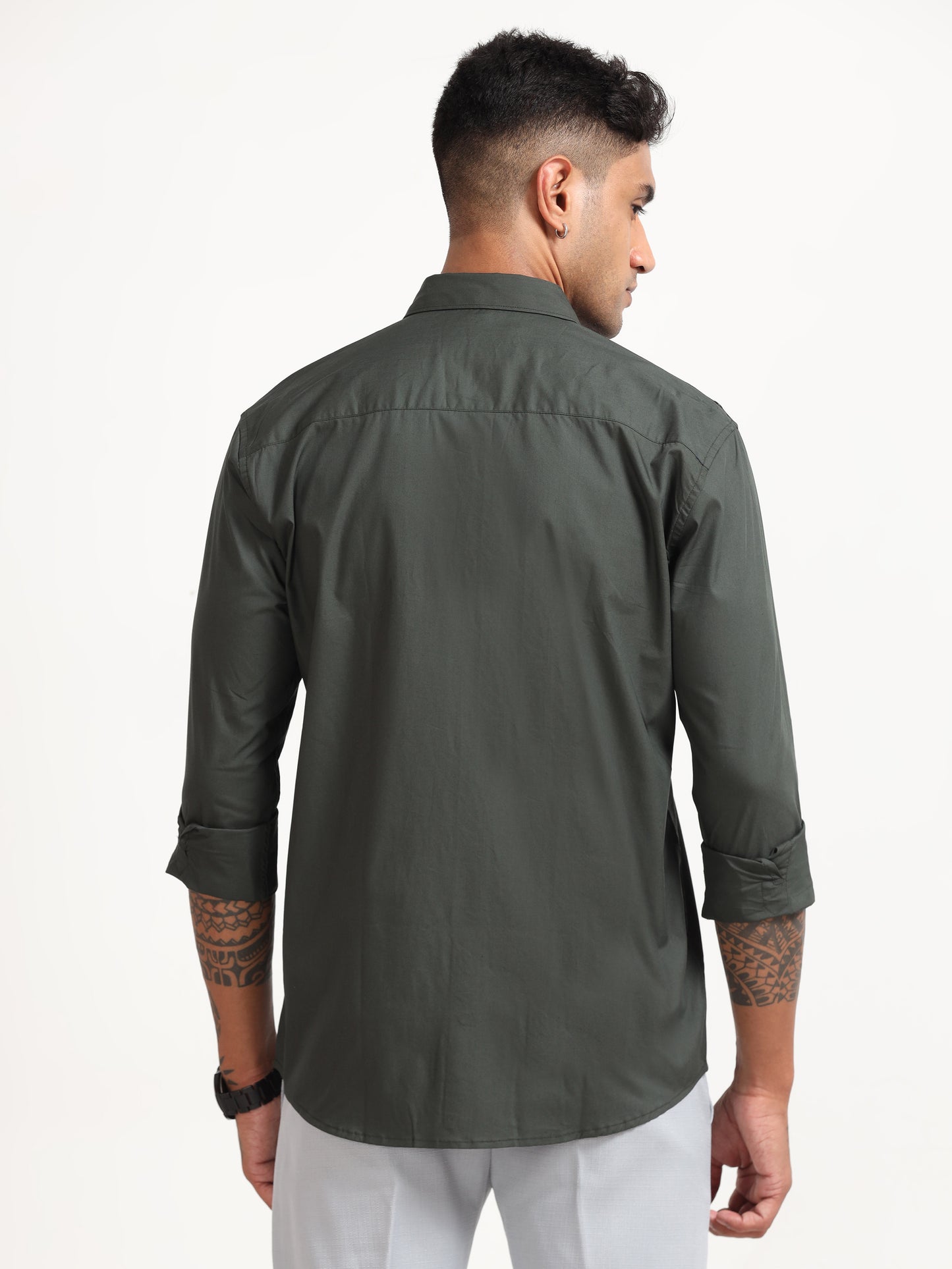 Olive Poly Poplin Lycra Shirts for Men