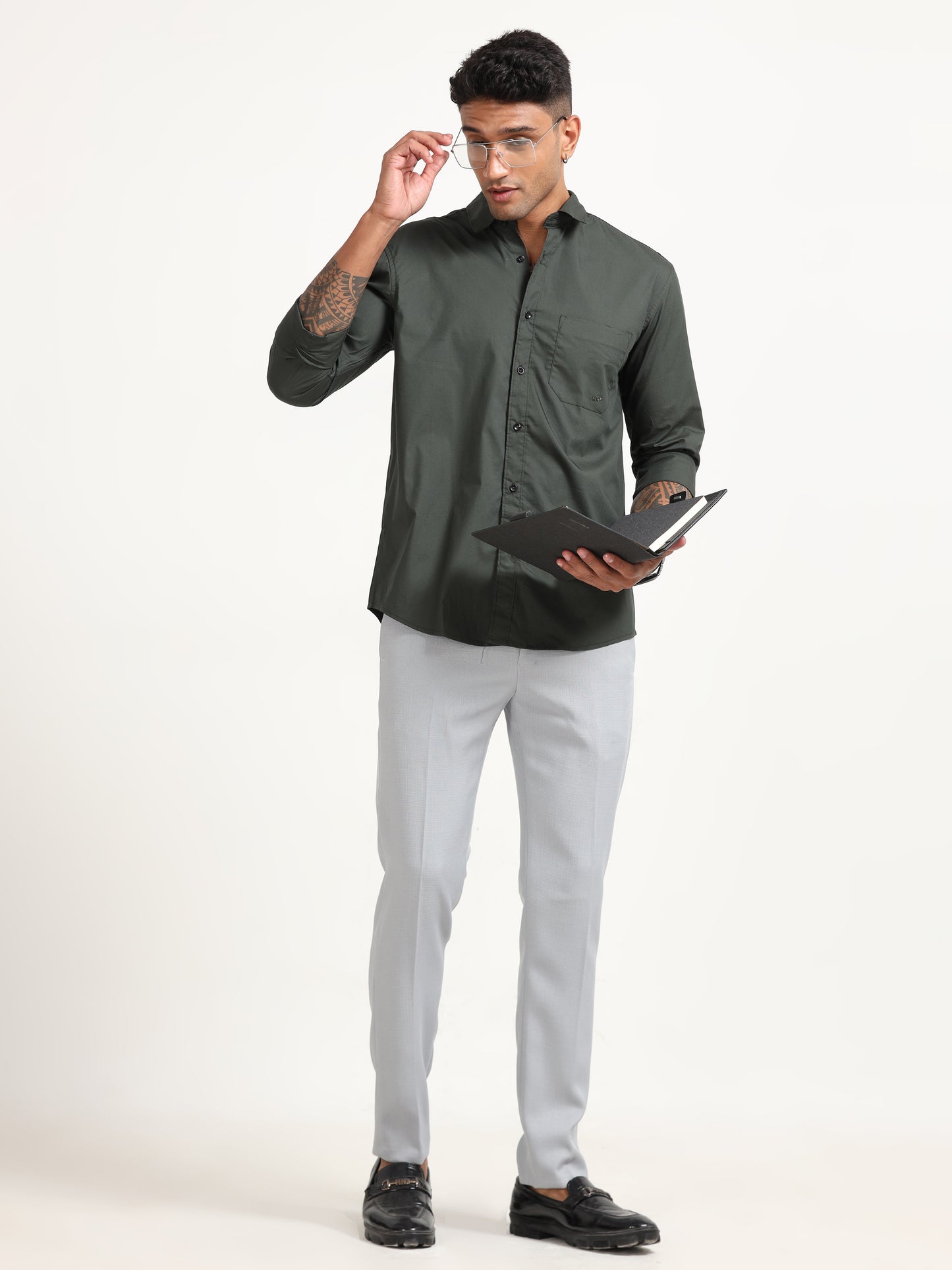 Olive Poly Poplin Lycra Shirts for Men