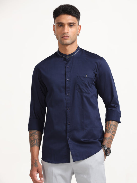 Navy Satin Slub Regular Shirt for Men