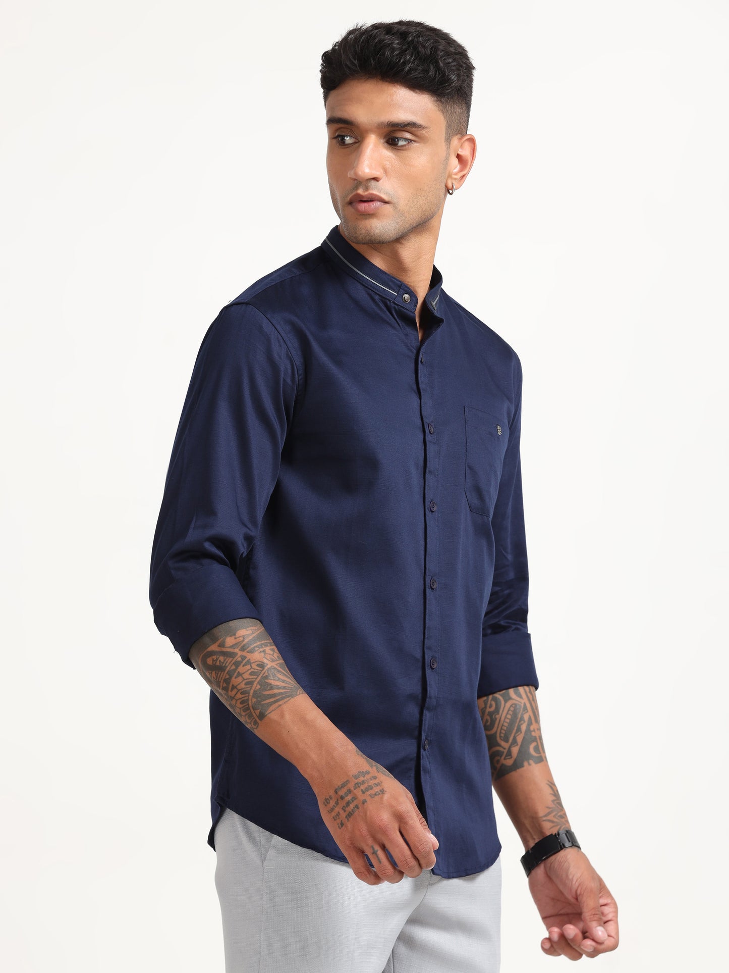 Navy Satin Slub Regular Shirt for Men