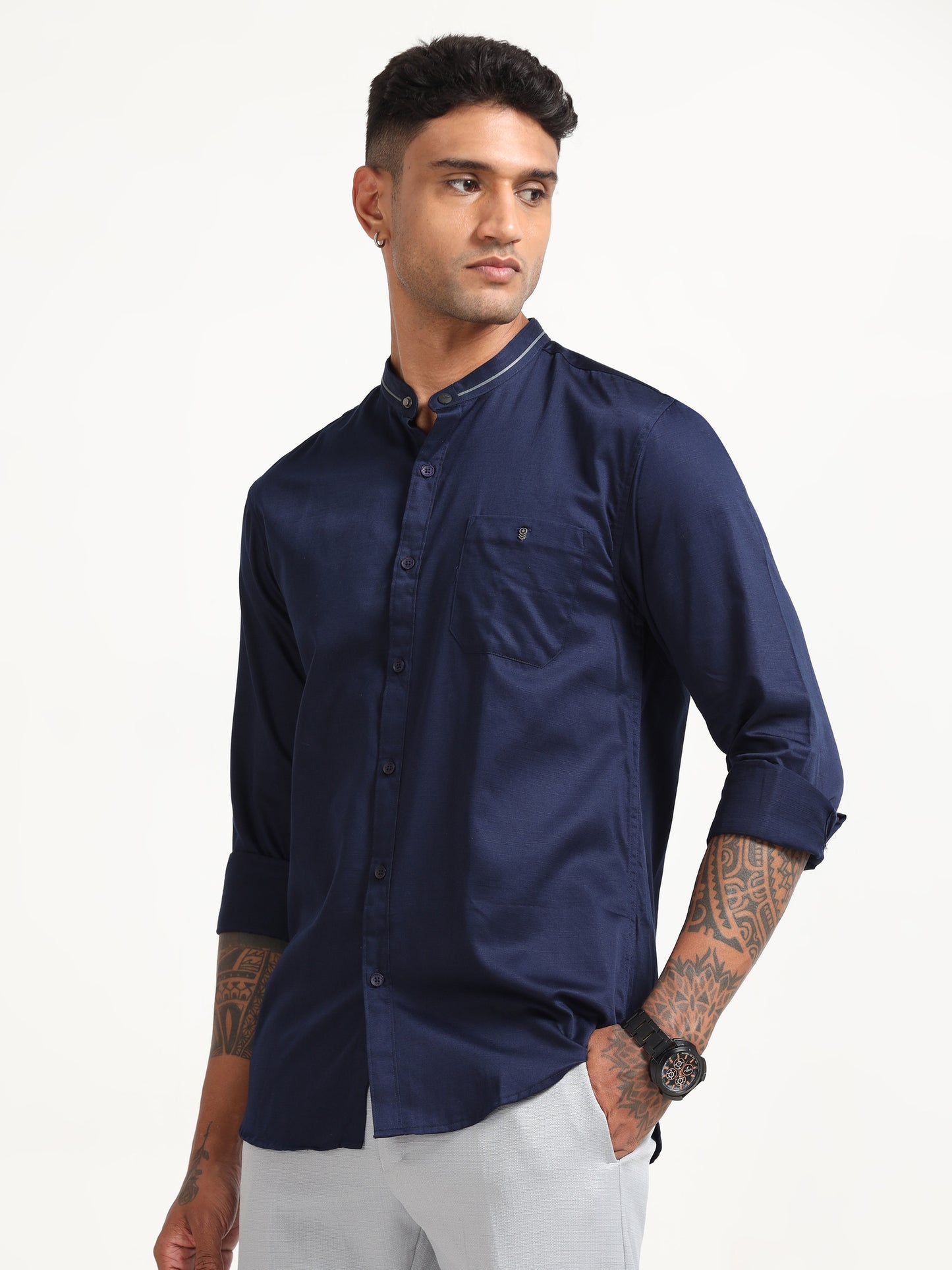 Navy Satin Slub Regular Shirt for Men