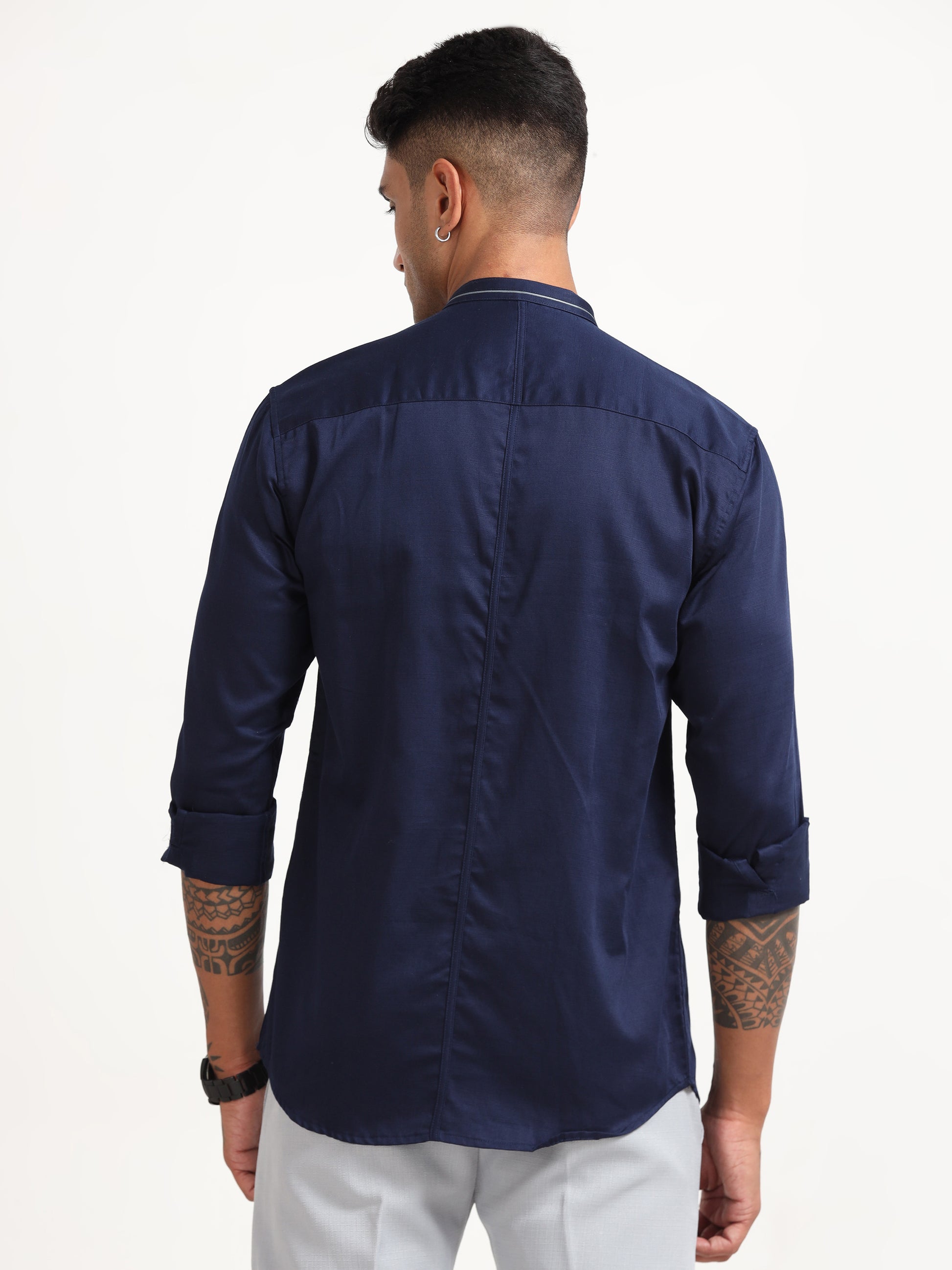 Navy Satin Slub Regular Shirt for Men