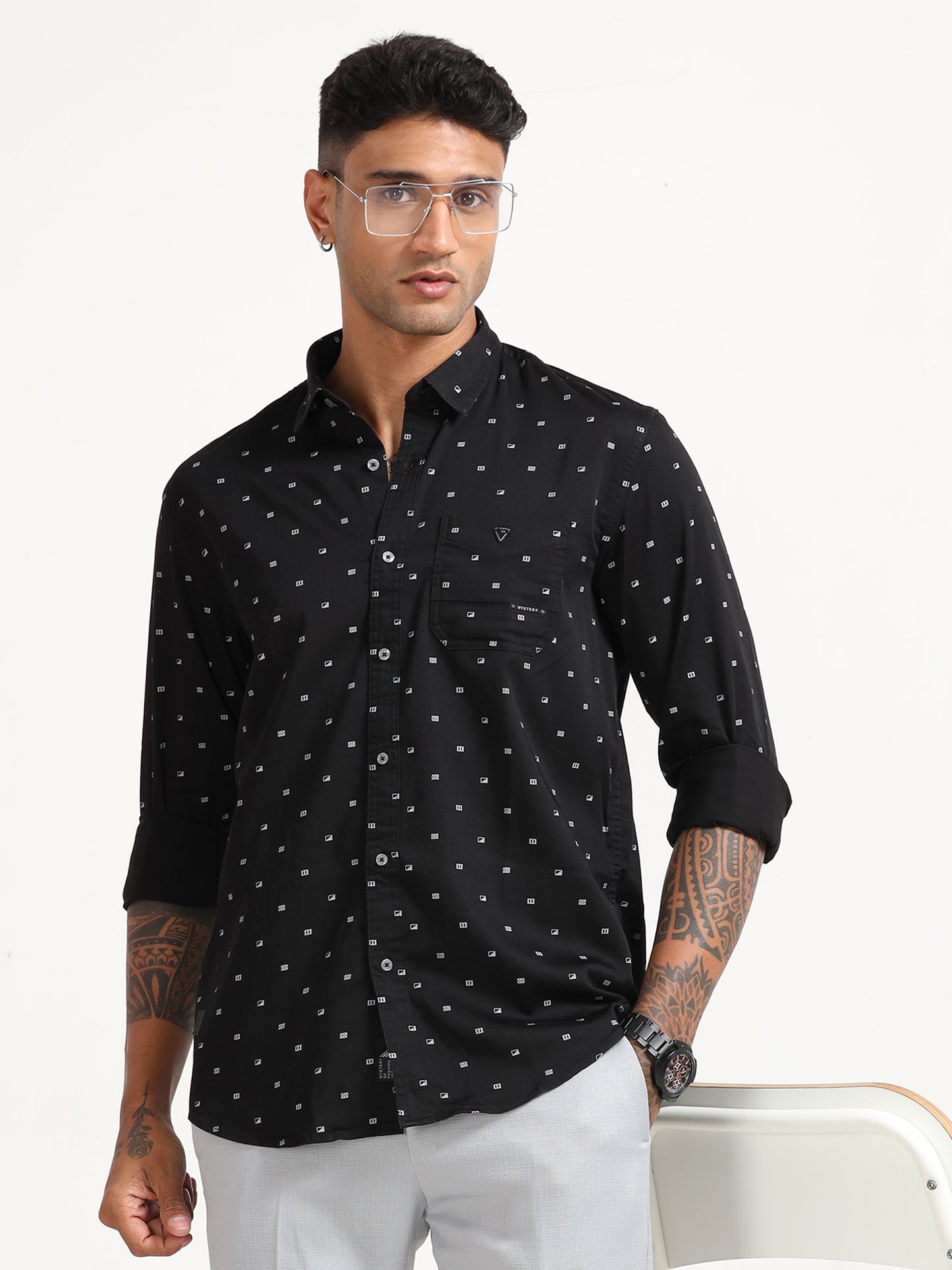 Black Ploy Printed Satin Shirt for Men