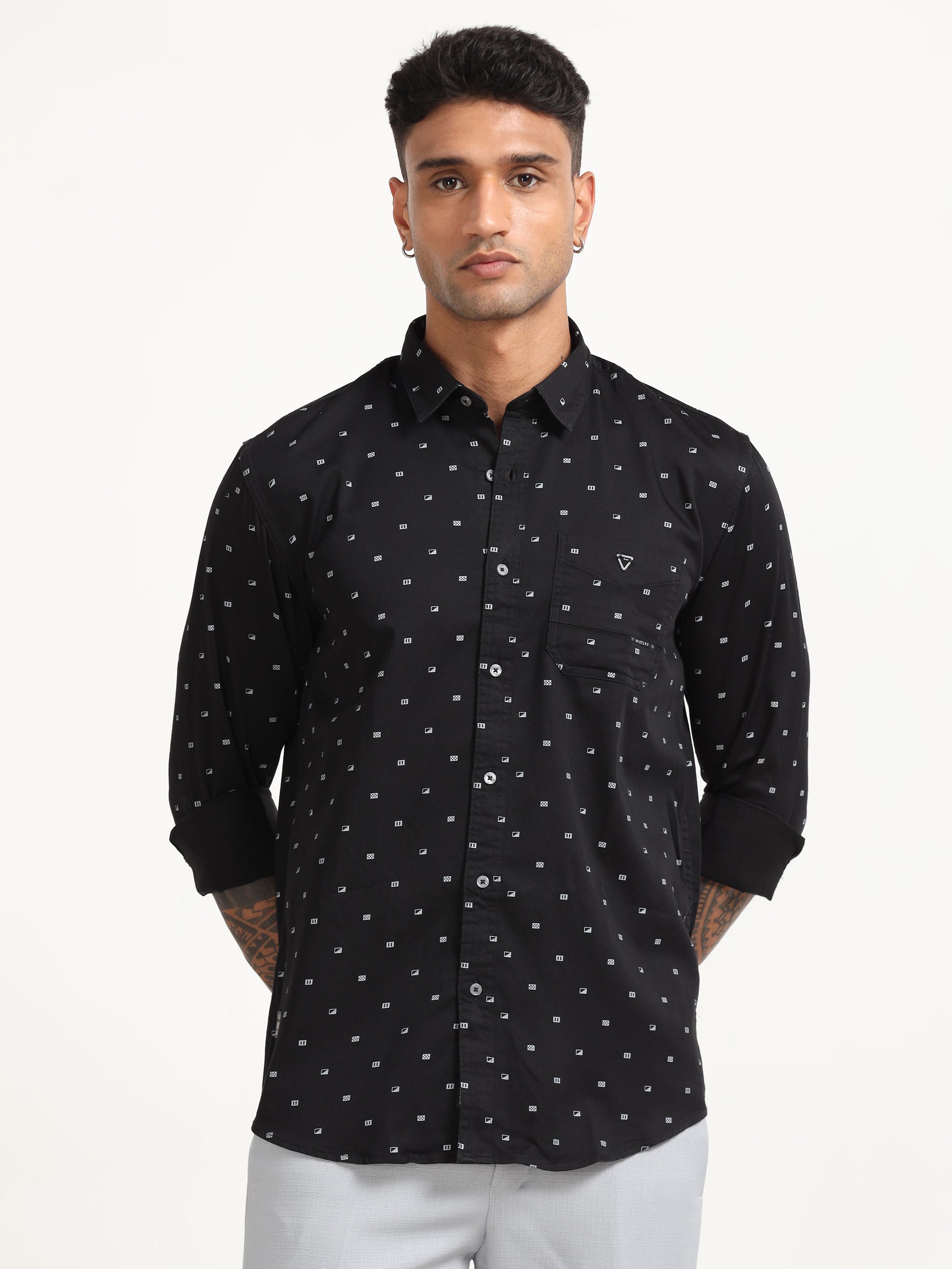 Black Ploy Printed Satin Shirt for Men