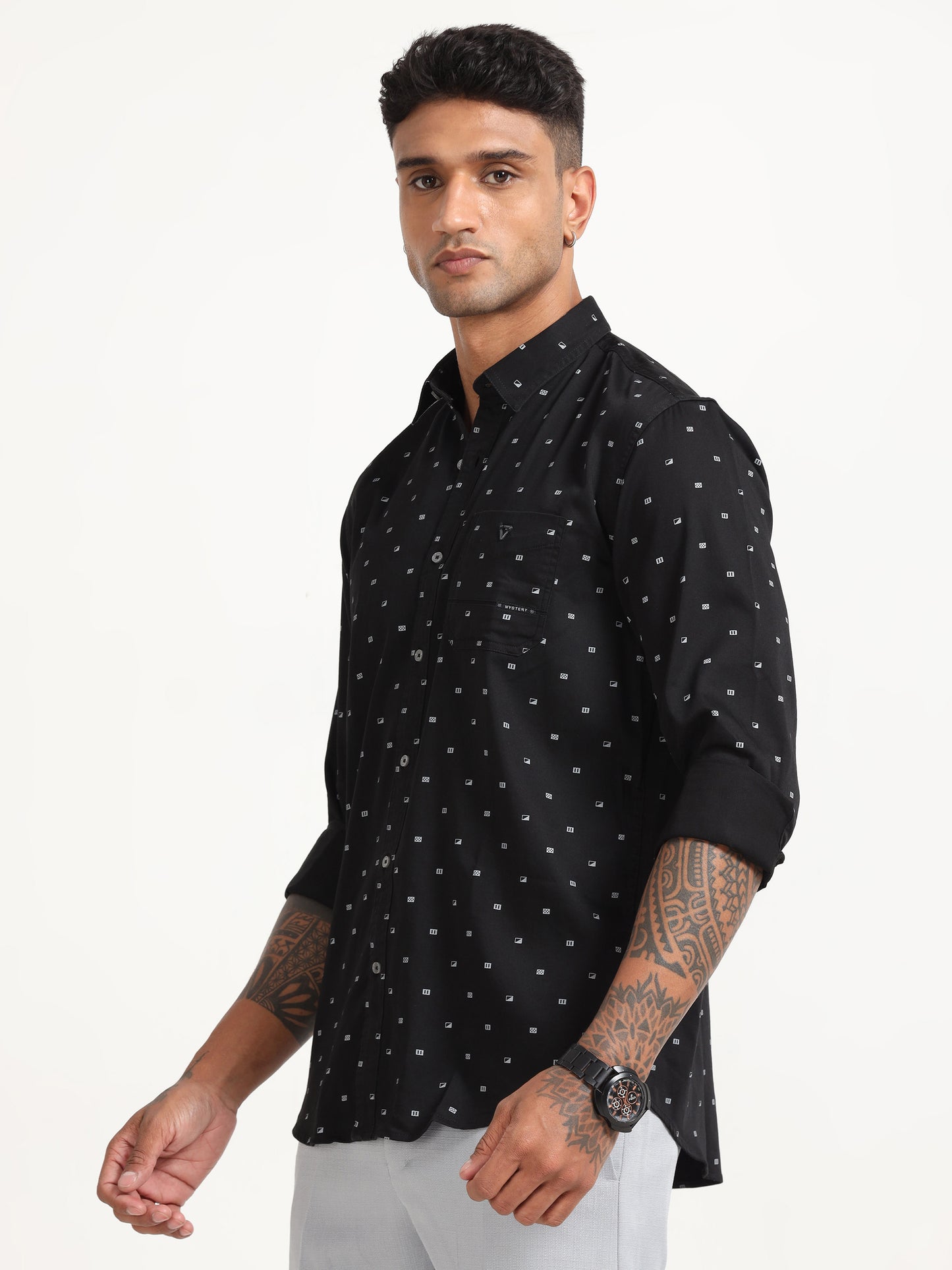 Black Ploy Printed Satin Shirt for Men