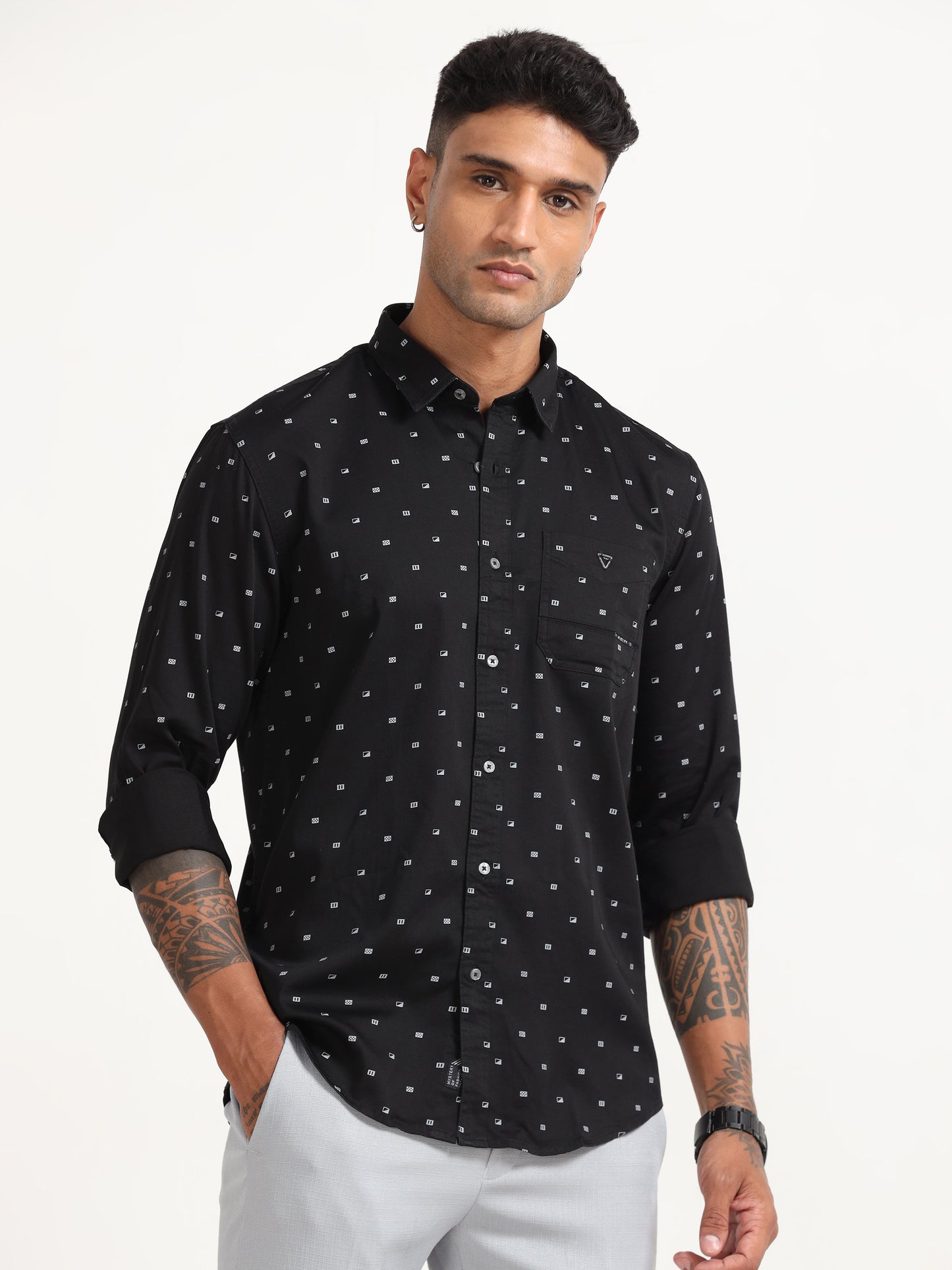 Black Ploy Printed Satin Shirt for Men