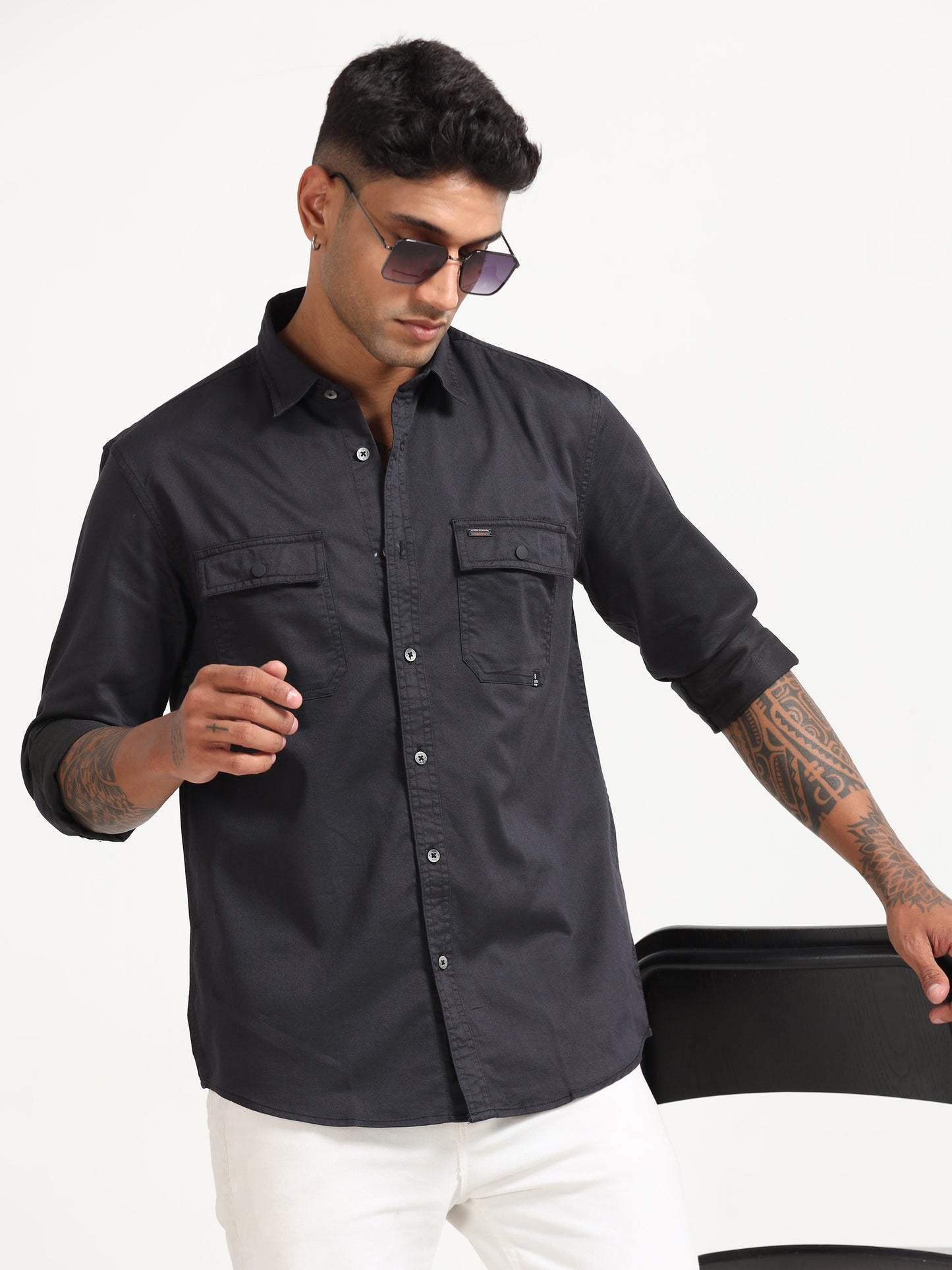 Twill Poly Double Pocket Mens Dark Grey Lycra Shirts