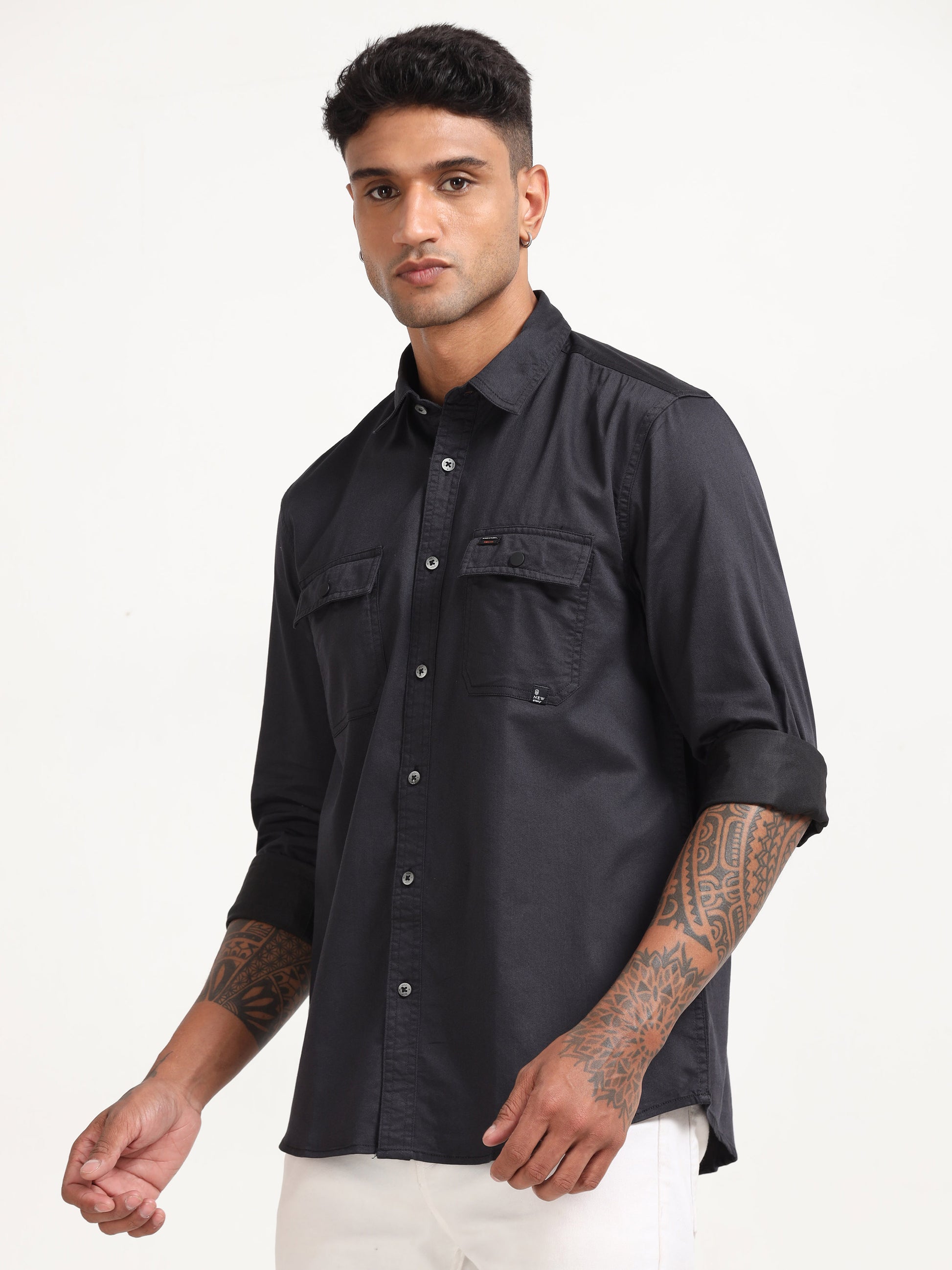 Twill Poly Double Pocket Mens Dark Grey Lycra Shirts