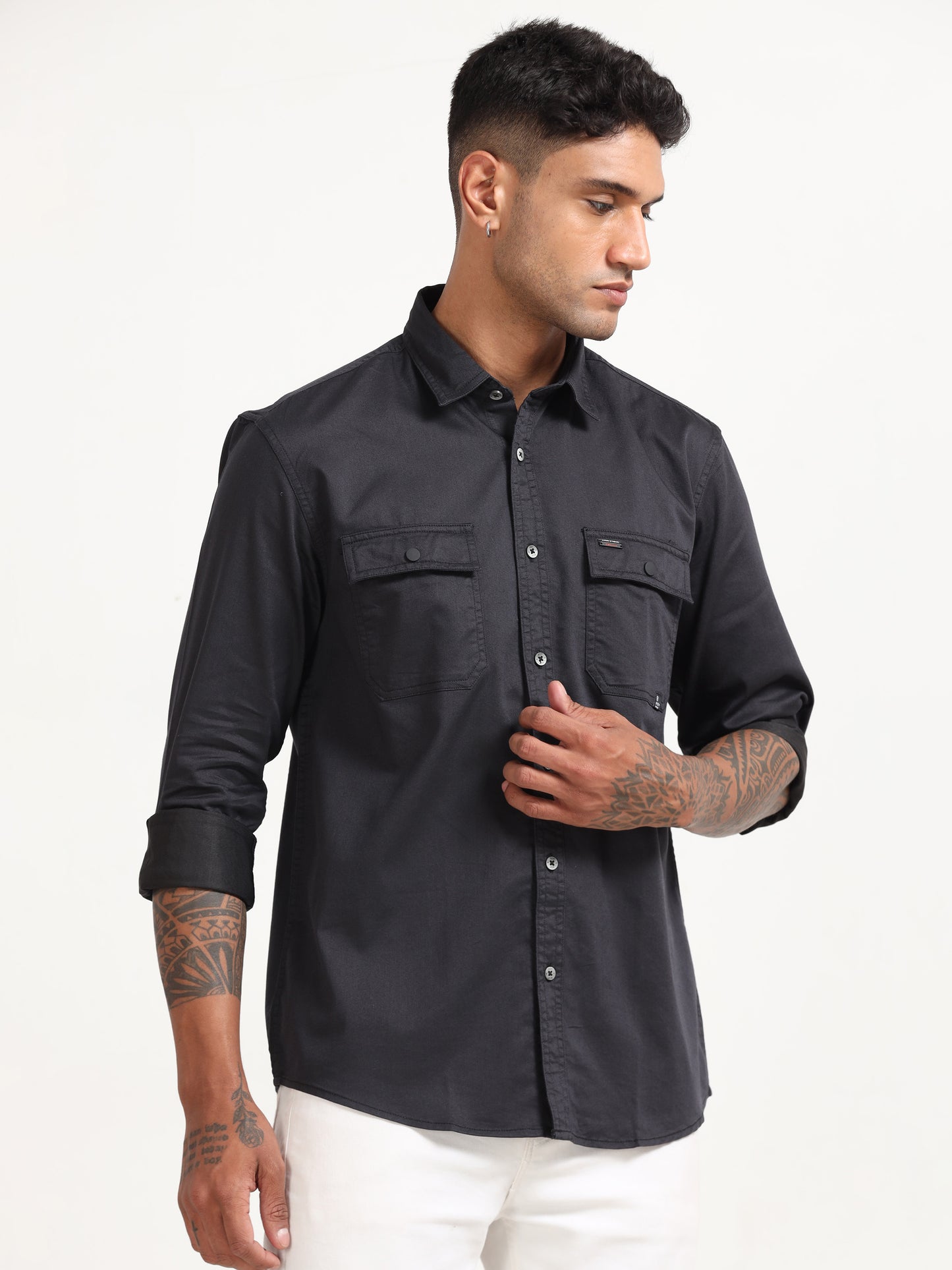 Twill Poly Double Pocket Mens Dark Grey Lycra Shirts