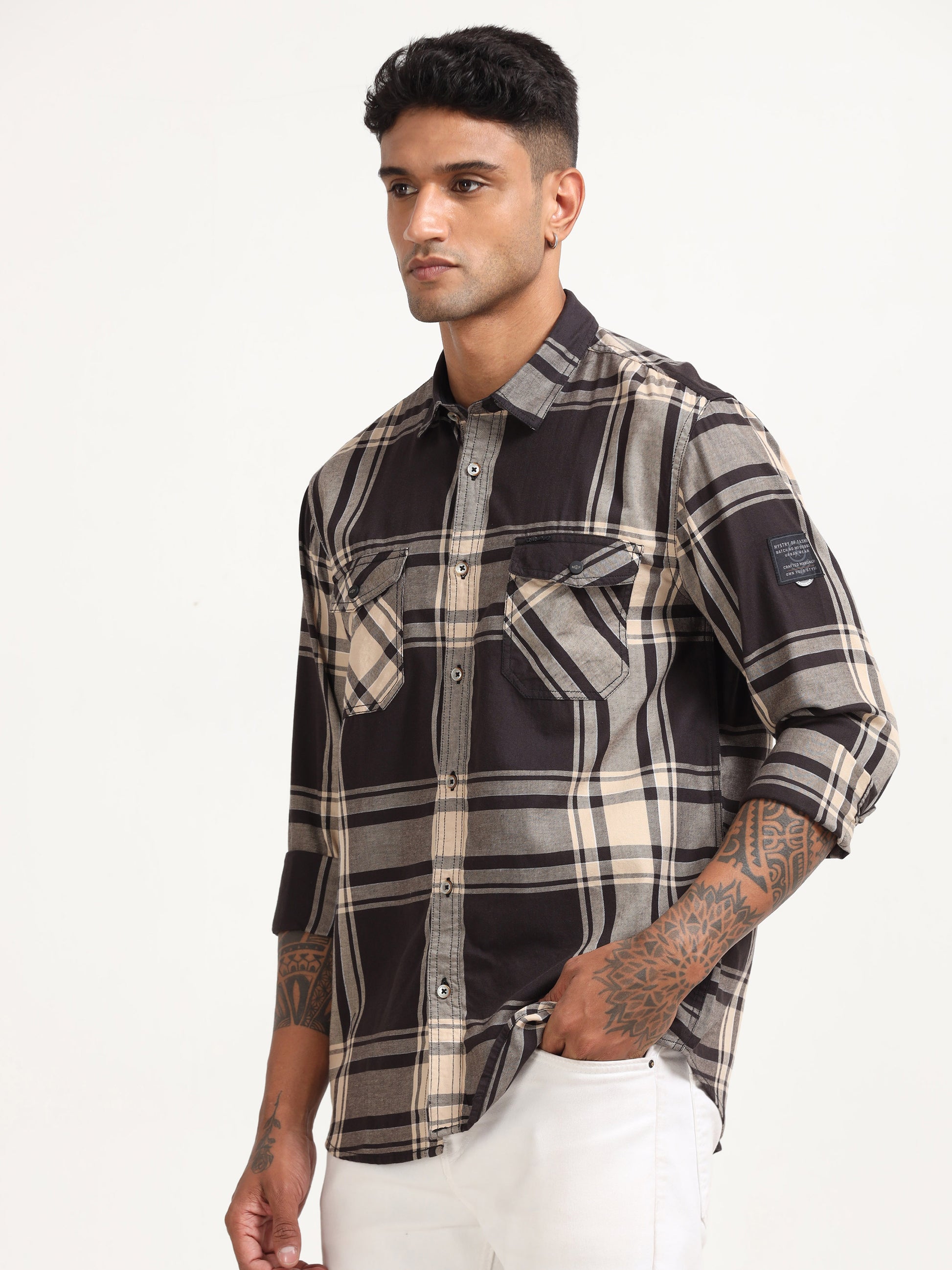  Twill Mens Checked Coffee Colour Formal Shirt