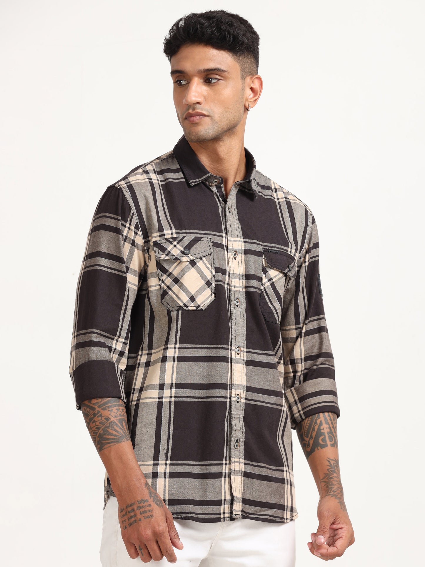  Twill Mens Checked Coffee Colour Formal Shirt