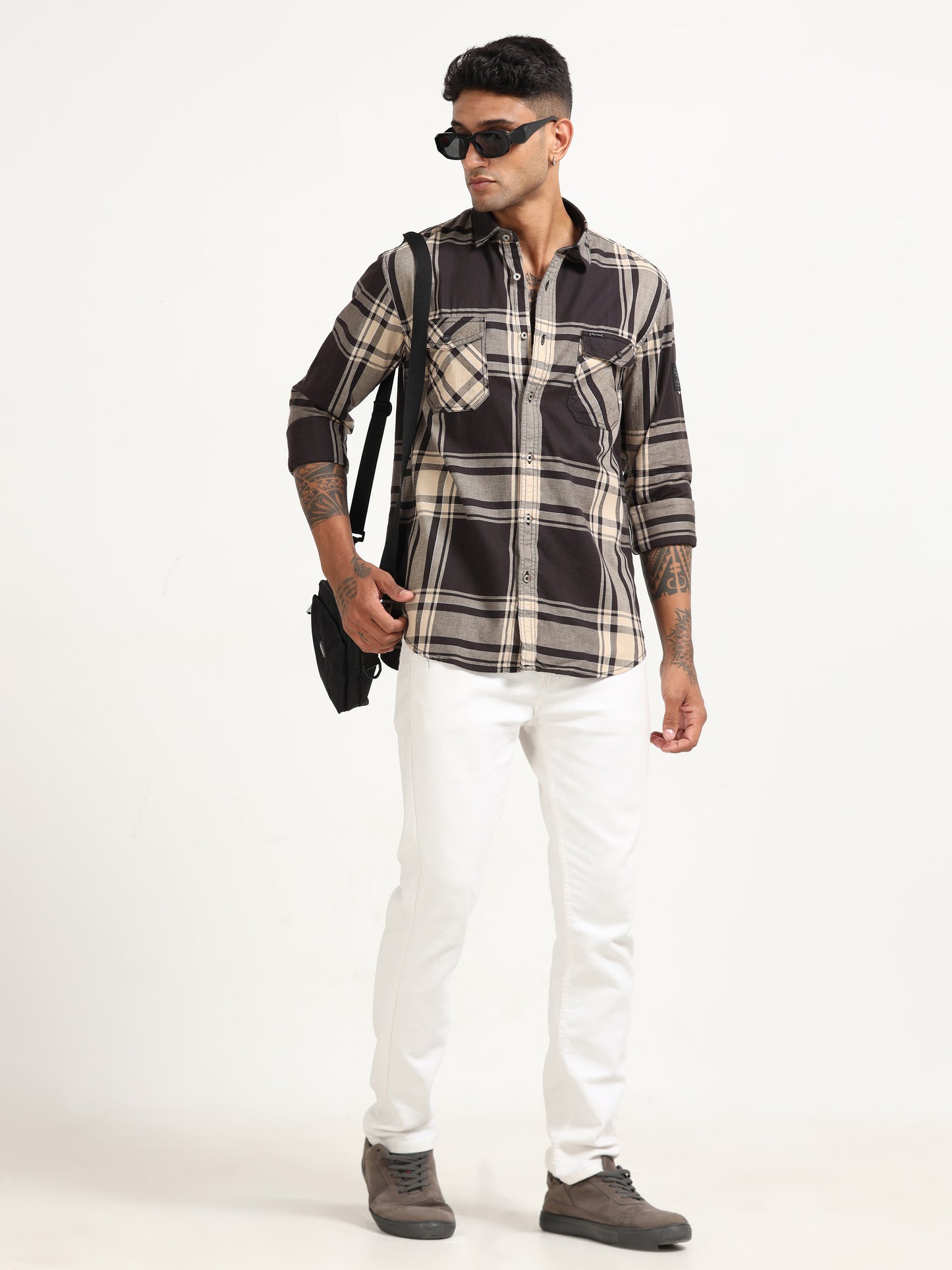  Twill Mens Checked Coffee Colour Formal Shirt