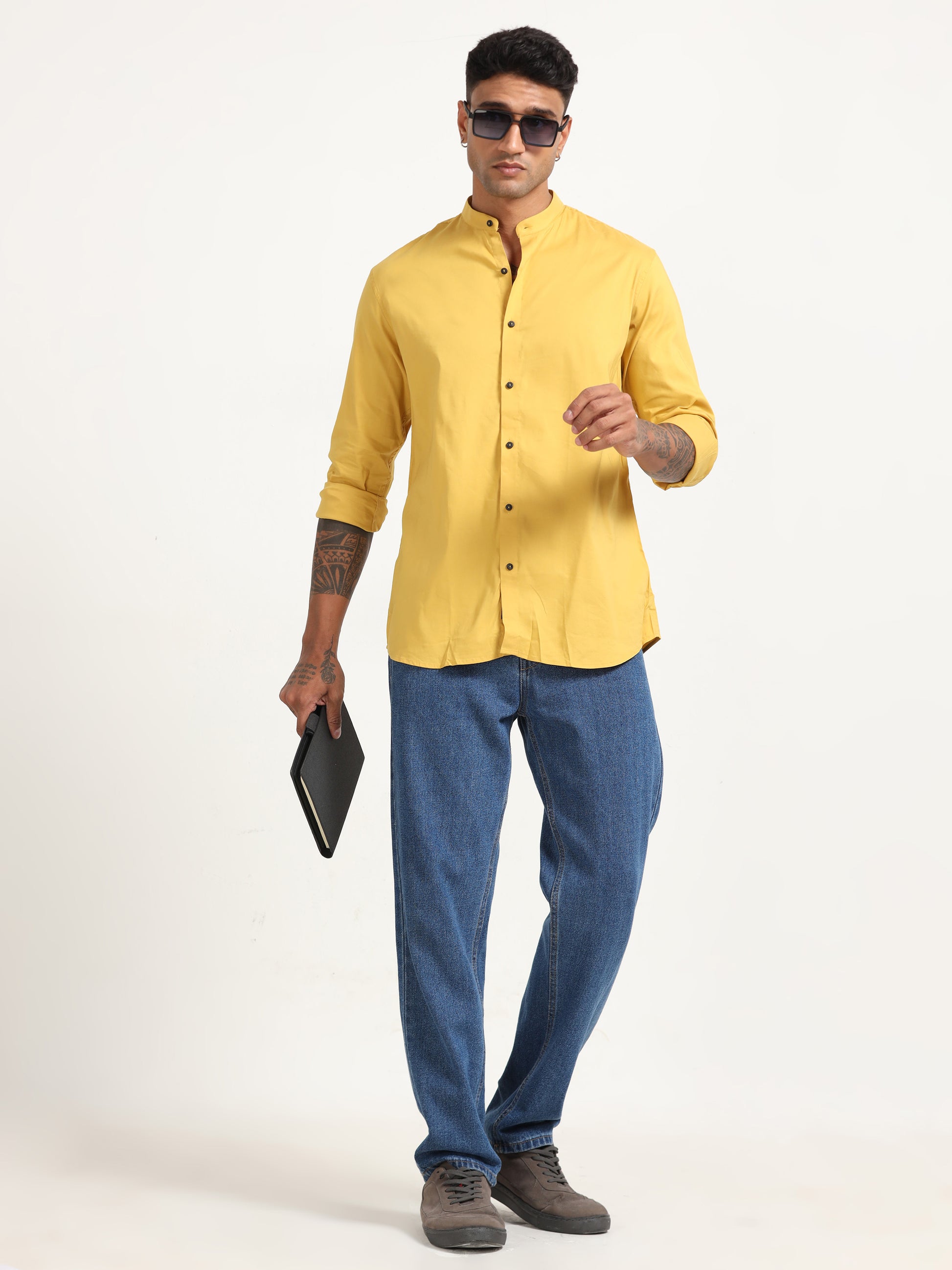 Yellow Twill Cotton Poly Mens Shirts Regular Fit