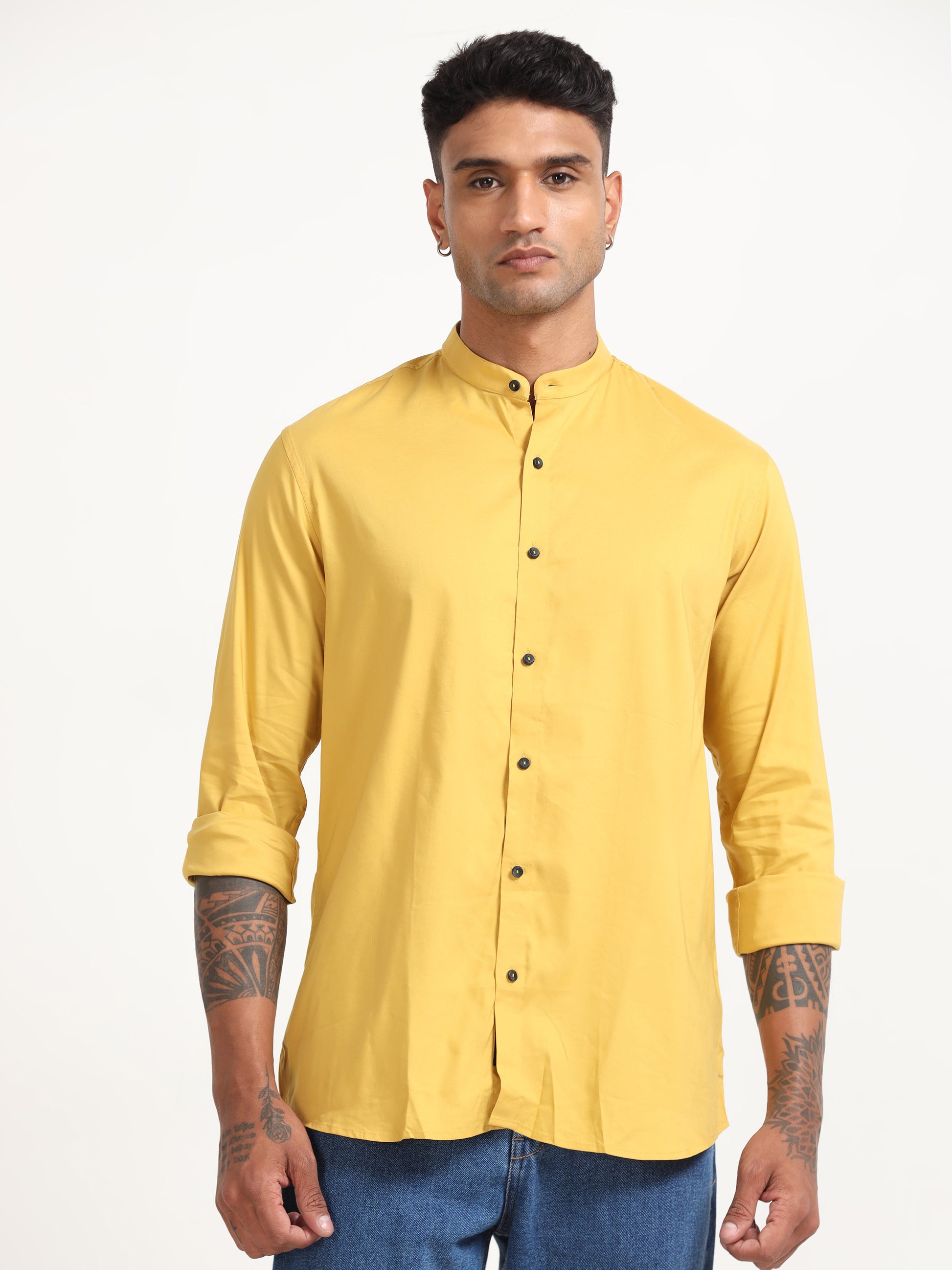 Yellow Twill Cotton Poly Mens Shirts Regular Fit