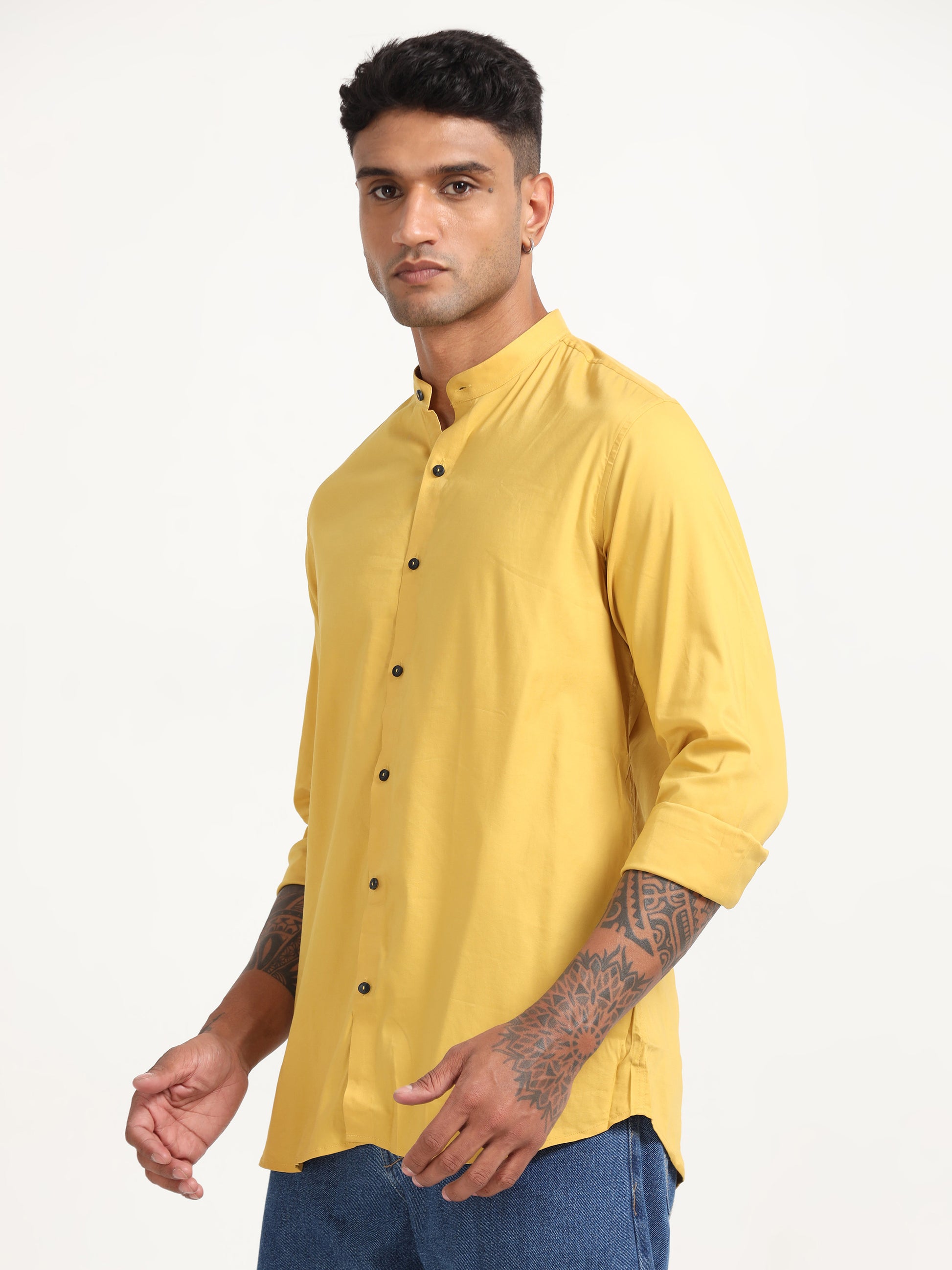 Yellow Twill Cotton Poly Mens Shirts Regular Fit