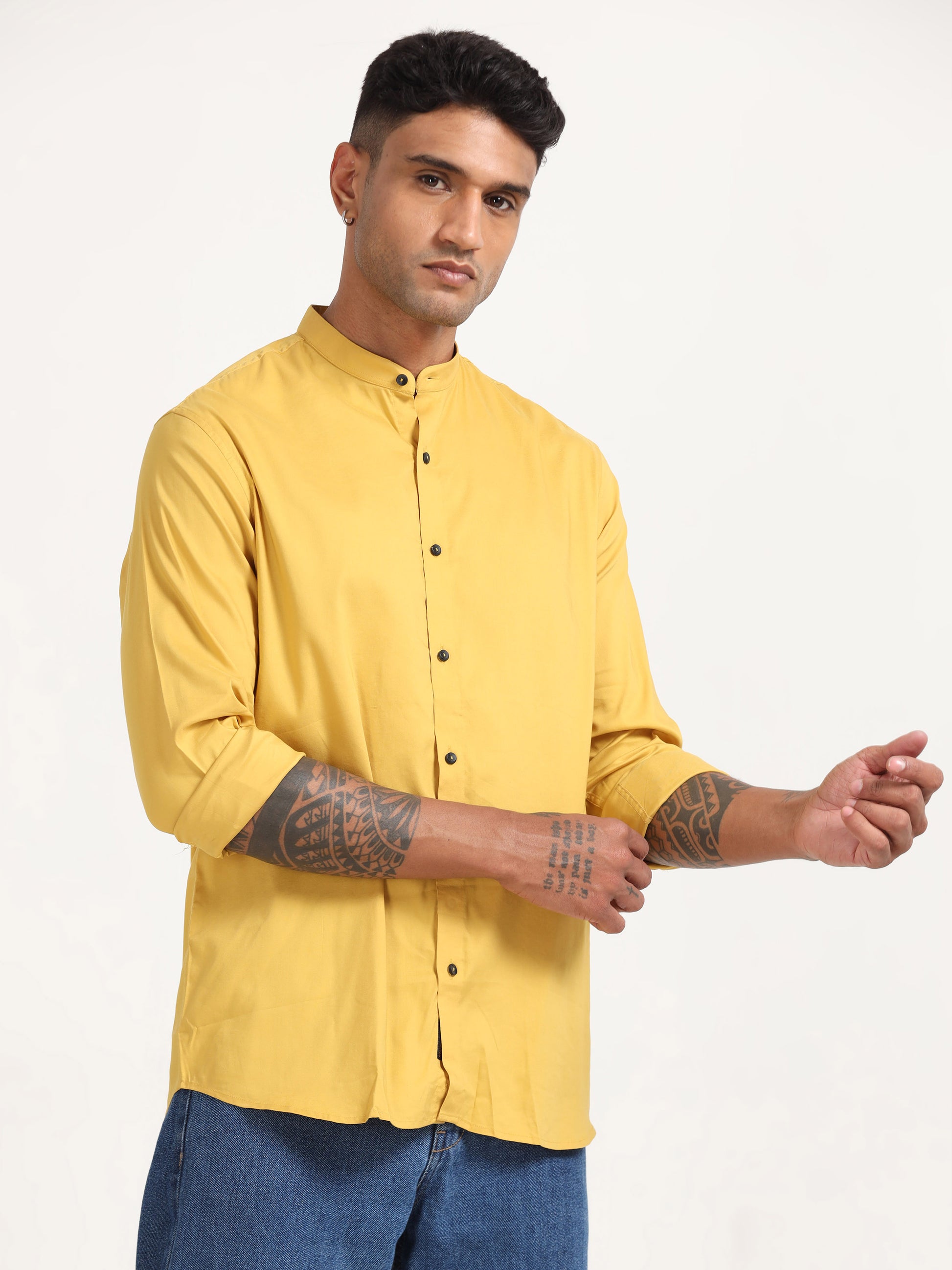 Yellow Twill Cotton Poly Mens Shirts Regular Fit