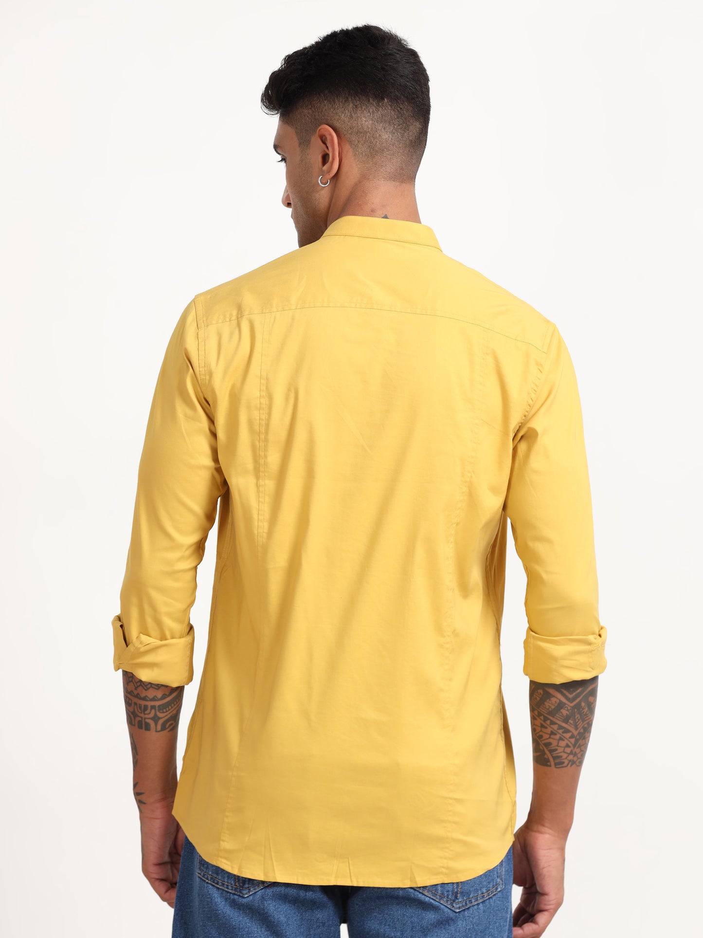 Yellow Twill Cotton Poly Mens Shirts Regular Fit