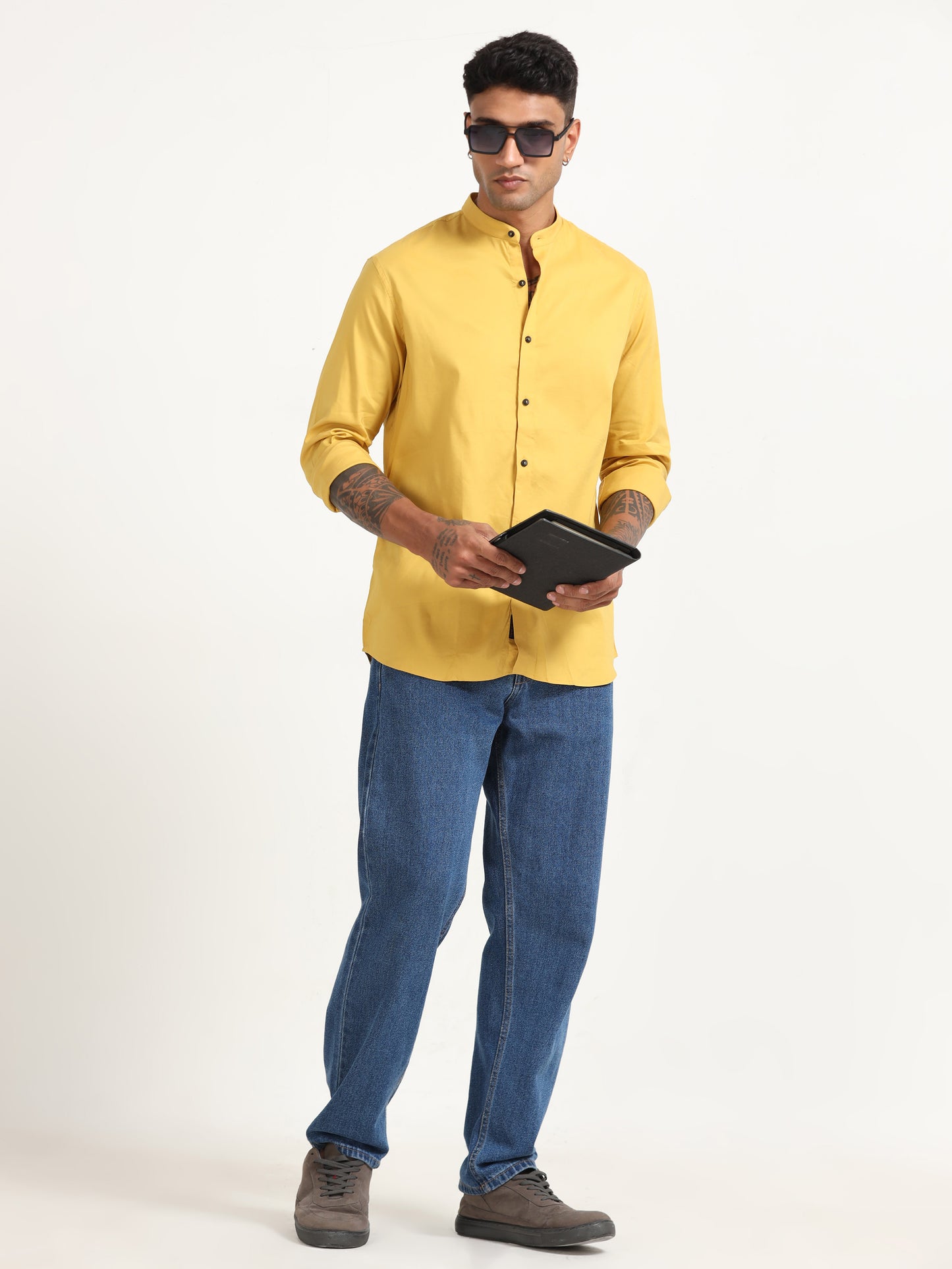 Yellow Twill Cotton Poly Mens Shirts Regular Fit