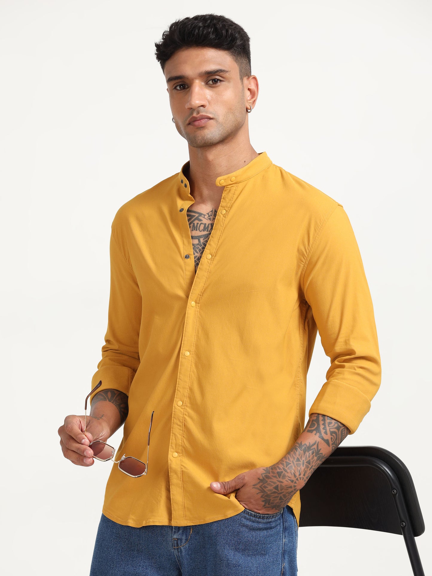  Dobby Super Lycra Yellow Long Sleeve Shirt for Men